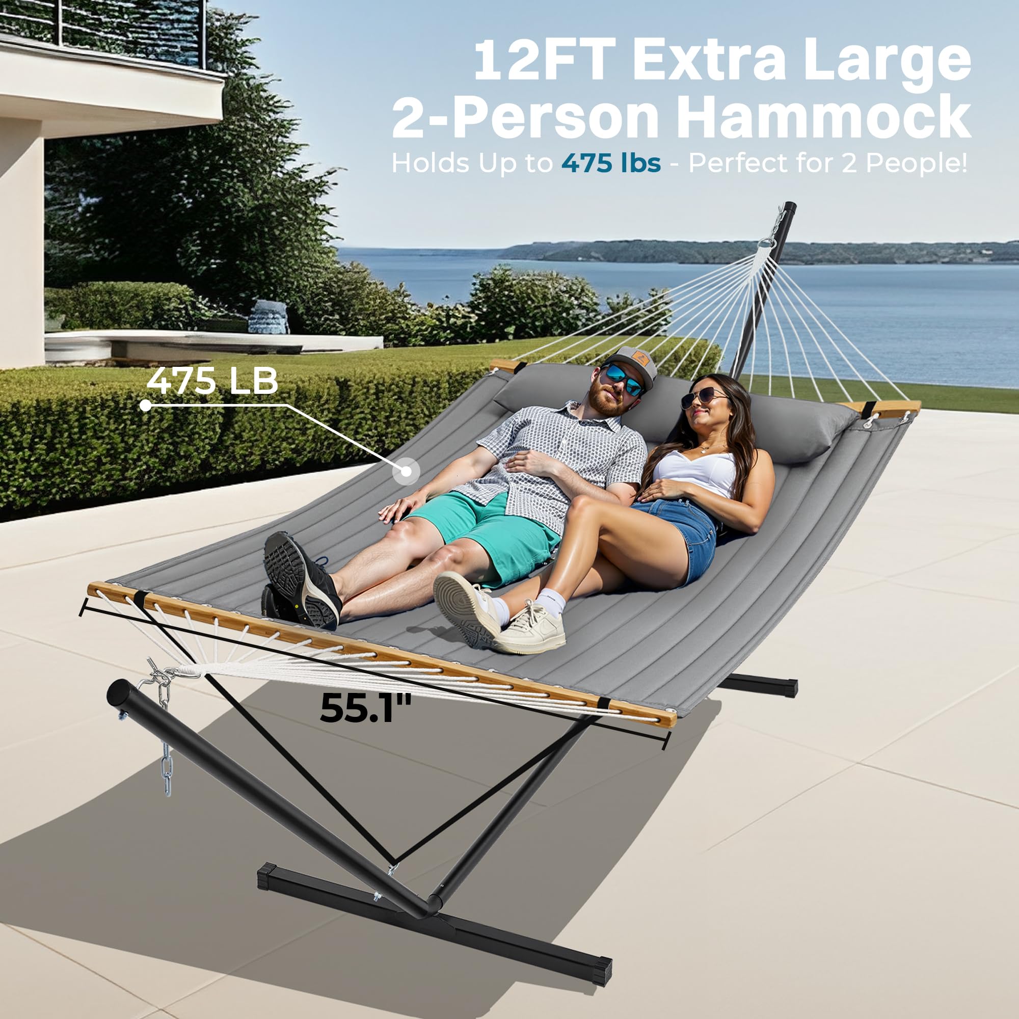 SUPERJARE Hammock with Stand, 2 Person Quilted Outdoor Hammock, Detachable Pillow & Bamboo Spreaders, Portable Hammock with Carrying Bag, Heavy Duty Stand, Perfect for Outside, Patio, Aqua Blue