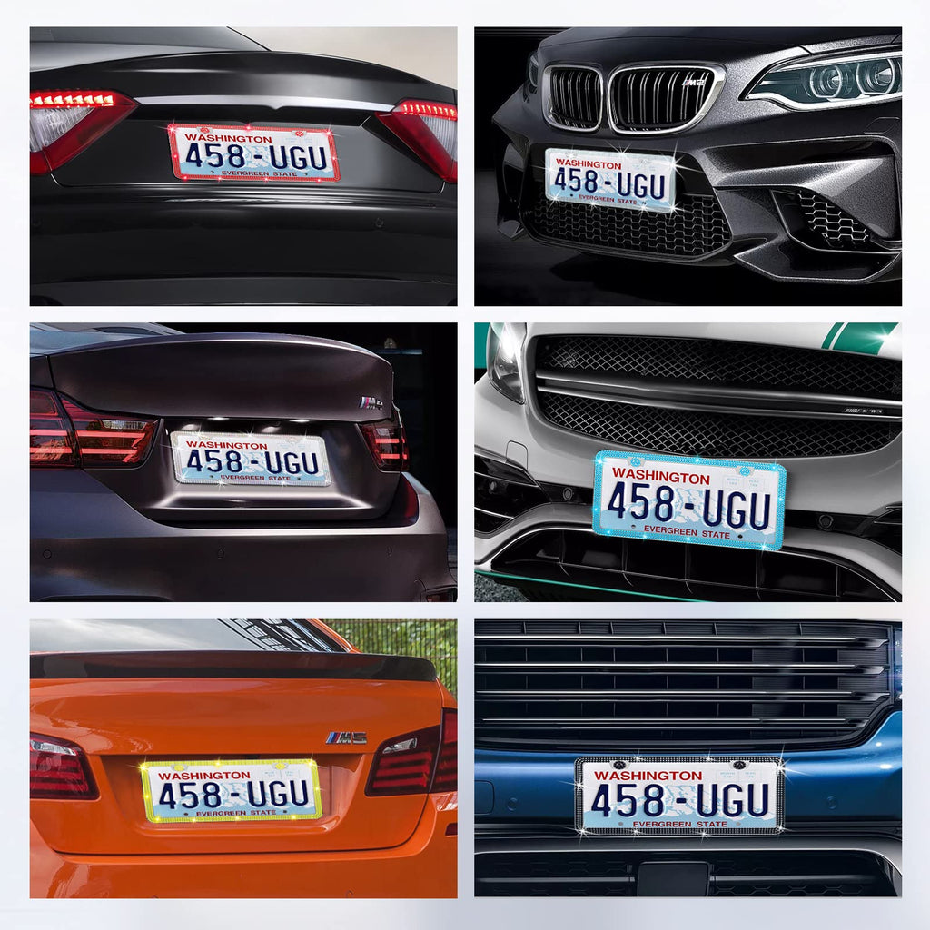 QiqaMole 2 Pack License Plate Frame Include 1 Silicone License Plate Frame and 1 Crystal License Plate Cover with Rhinestone Crystal Diamond Screw Set Car Bling License Plate Frame (Black + AB Color)