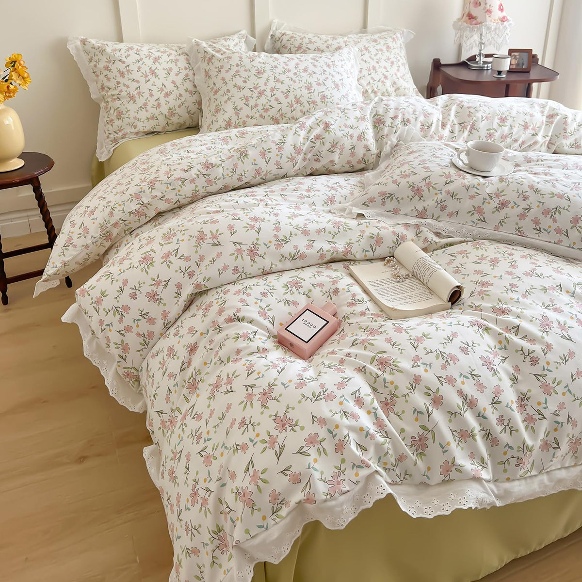 Pink Flower Duvet Cover Twin Chic Floral Print Ruffle Duvet Cover Cotton Lace Comforter Cover Country Style Floral Bedding Set Romantic Ruffle Comforter Cover Flower Bedding Cover with 2 Pillowcases