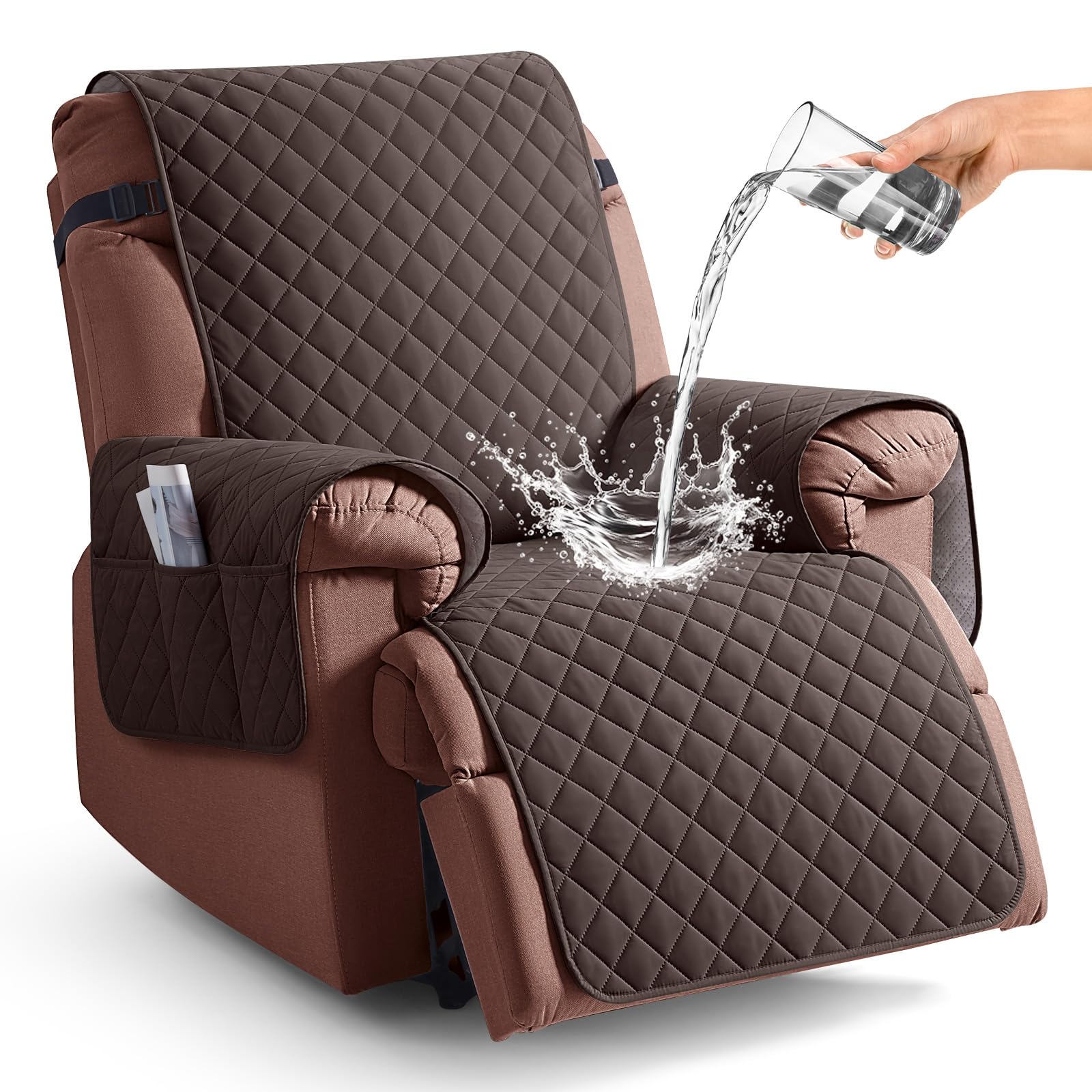 KinCam 100% Waterproof Recliner Chair Cover, Reclining Couch Covers for Pets, Dogs, Recliner Couch Slipcover Furniture Protector with Elastic Straps for Kids(23.6", Beige White)