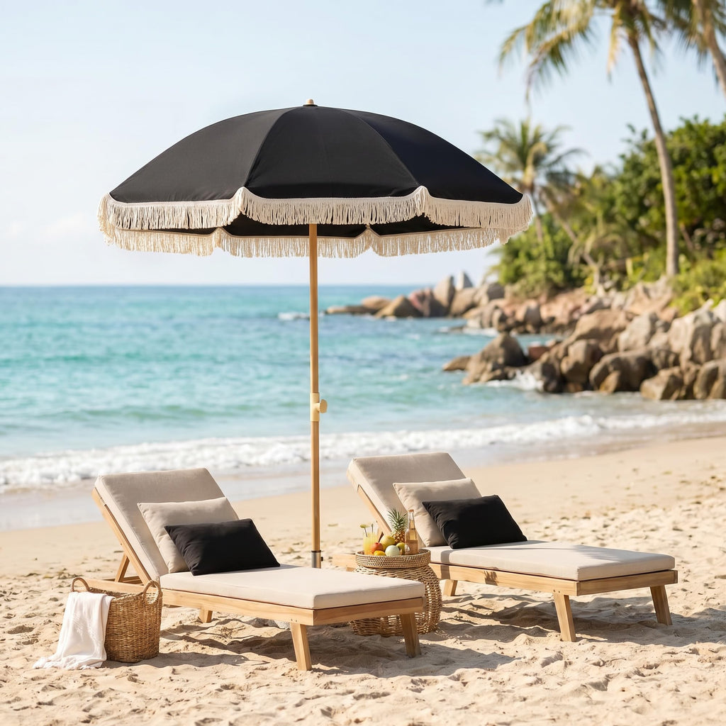 6.5FT Boho Patio Umberlla with Fringe,UPF50+ Outdoor Umbrella with Fiberglass Ribs and Push Button Tilt,Tassels Umbrella for Beach,Terrace,Picnic