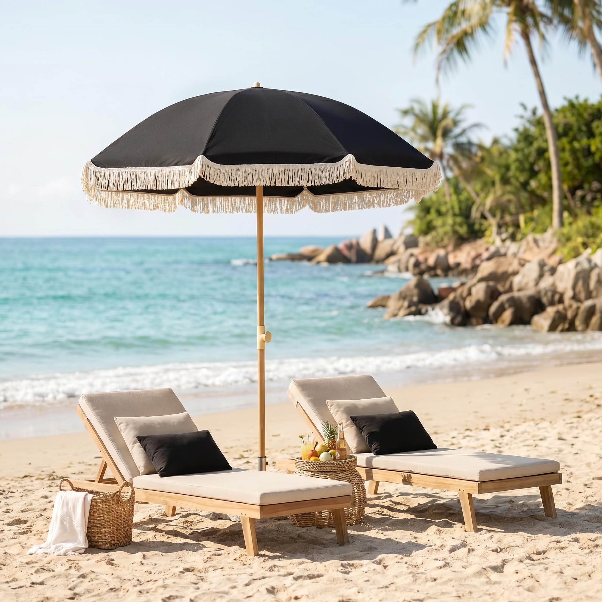 6.5FT Boho Patio Umberlla with Fringe,UPF50+ Outdoor Umbrella with Fiberglass Ribs and Push Button Tilt,Tassels Umbrella for Beach,Terrace,Picnic