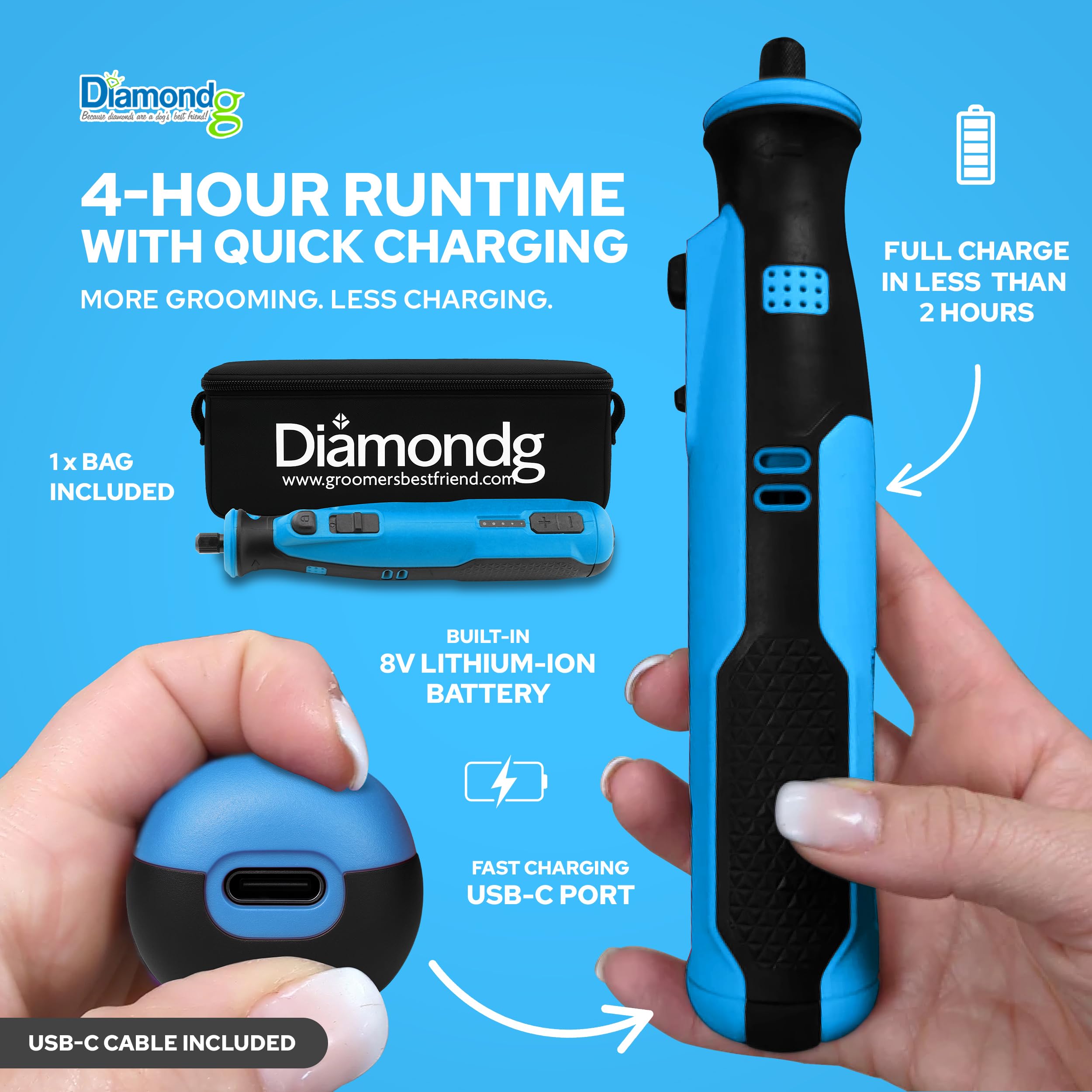 Diamondg Cordless Dog Nail Grinder with Quiet Sound & LED Tip for Large & Small Dogs, 4hrs. Runtime - Electric Dog Nail Trimmer, Heavy Duty Rotary Tool Alternative to Toenail Clippers & Filers