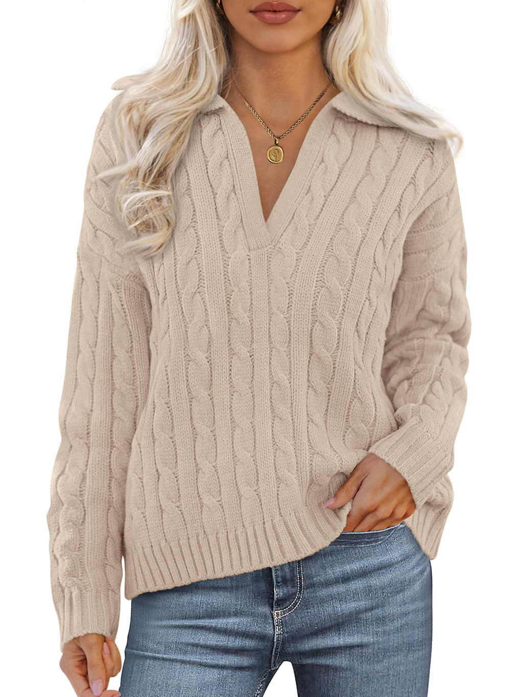 PRETTYGARDEN Spring Cable Knit Oversized Sweaters for Women 2026 Polo V Neck Long Sleeve Casual Chunky Sweater Pullover Tops