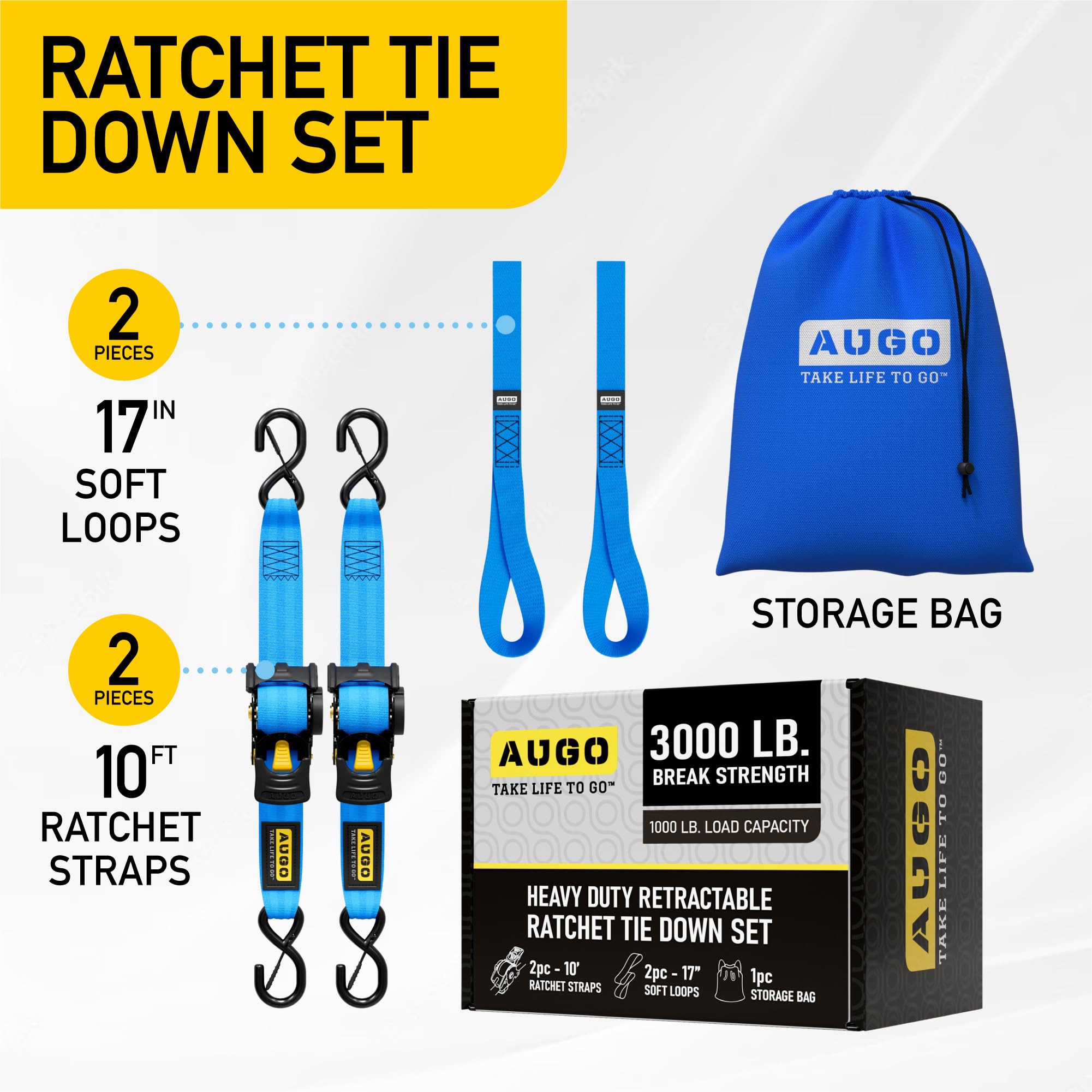 AUGO Retractable Ratchet Straps | 2 Heavy Duty Ratchet Straps Self Retractable Tie Downs with Soft Loops & Storage Bag for Motorcycle, Truck, Trailer, Cargo Van | 1200 Lb Break Strength 1” x 10’