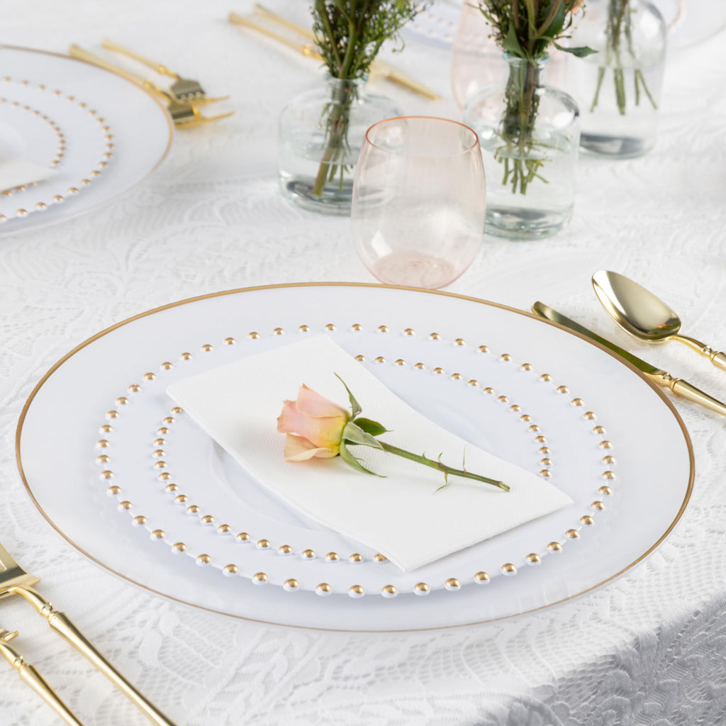 PLASTICPRO 32 Piece Combo Plastic Dinner Plates Disposable Plastic Fancy Heavy Duty Party Dishes 7 inch and 10 inch, Black and Gold Beaded
