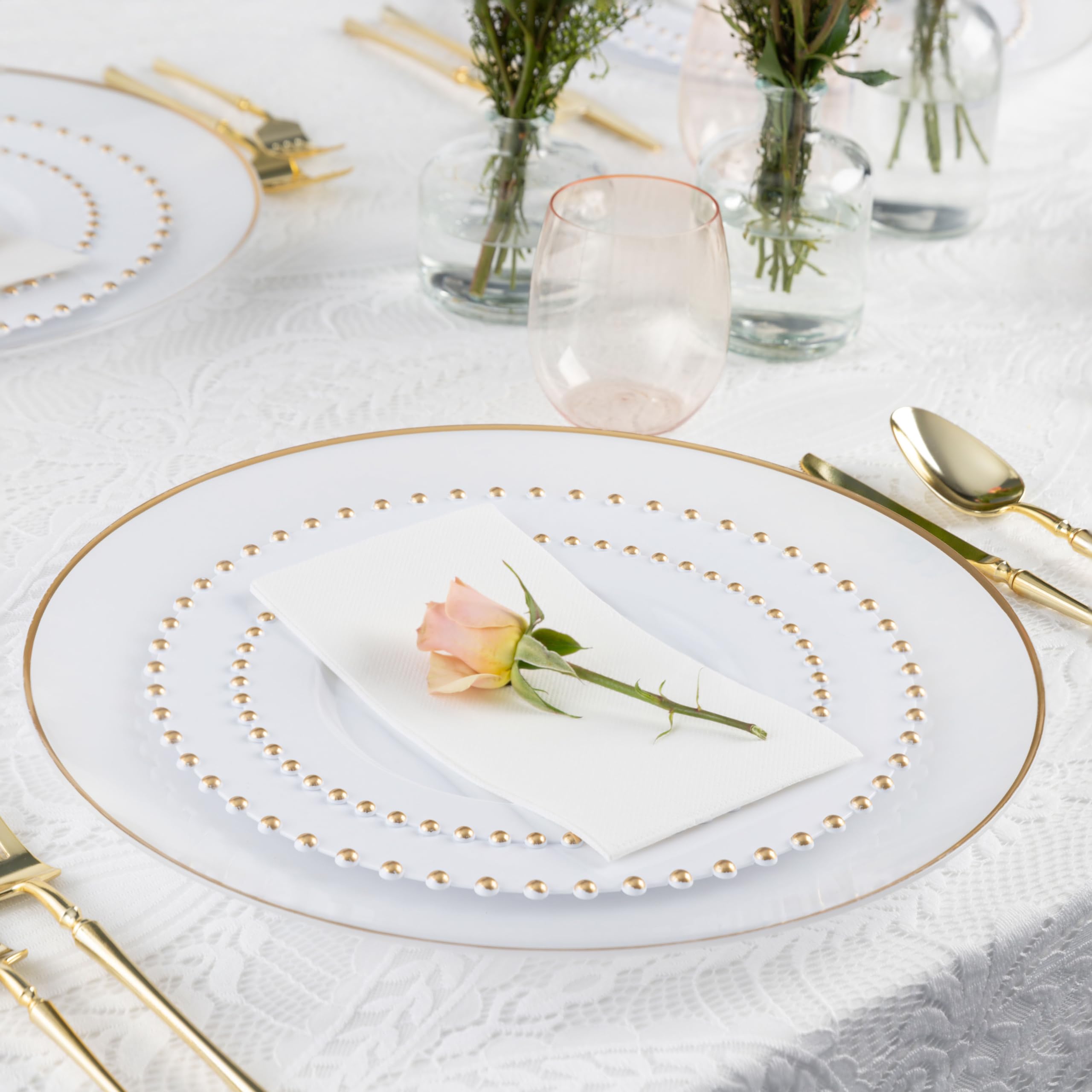 PLASTICPRO 32 Piece Combo Plastic Dinner Plates Disposable Plastic Fancy Heavy Duty Party Dishes 7 inch and 10 inch, Black and Gold Beaded