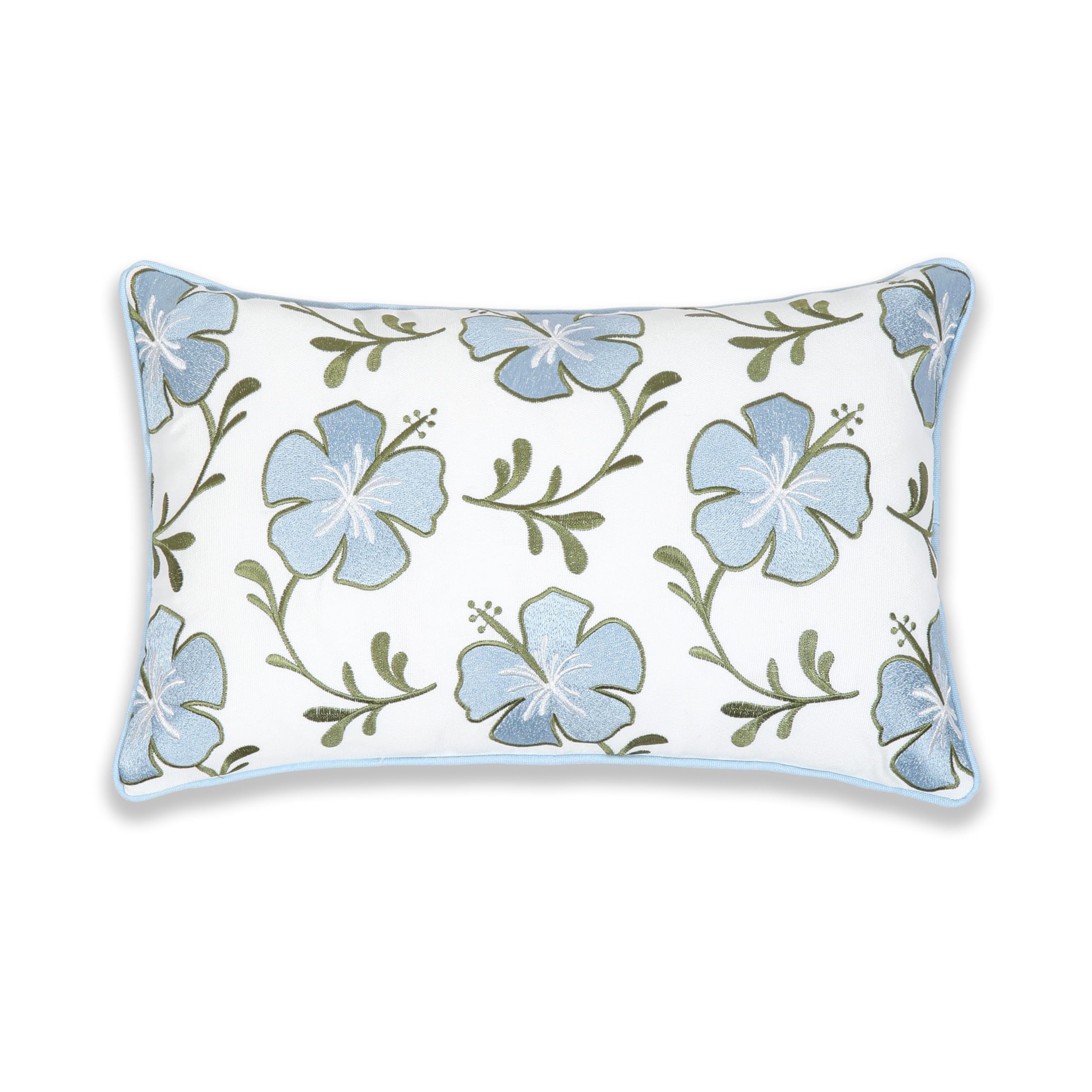 Hofdeco Premium Coastal Patio Indoor Outdoor Lumbar Pillow Cover Only, 12"x20" Water Repellent for Backyard, Couch, Baby Blue Green Floral with Piping