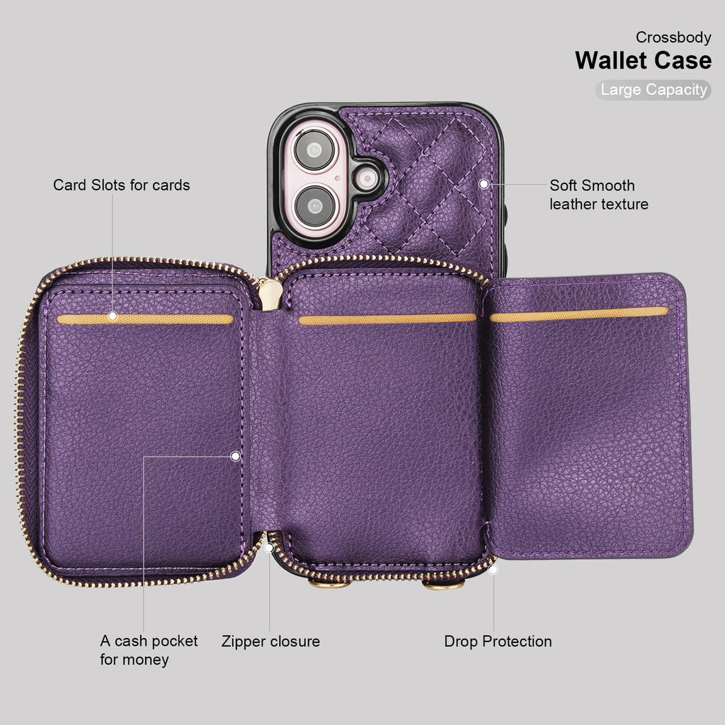 Bocasal Crossbody Wallet Case for iPhone 16, RFID Blocking PU Leather Zipper Handbag Purse Flip Cover, Kickstand Folio Case with Card Slots Holder Wrist Strap Lanyard 5G 6.1 Inch (Black)