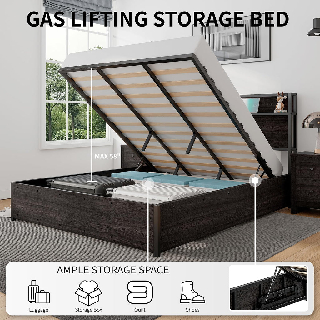 LUXOAK Full Size Lift Up Storage Bed, Wood Platform Bed Frame with Storage Headboard & Charging Station, No Box Spring Needed, Easy Assembly, Black