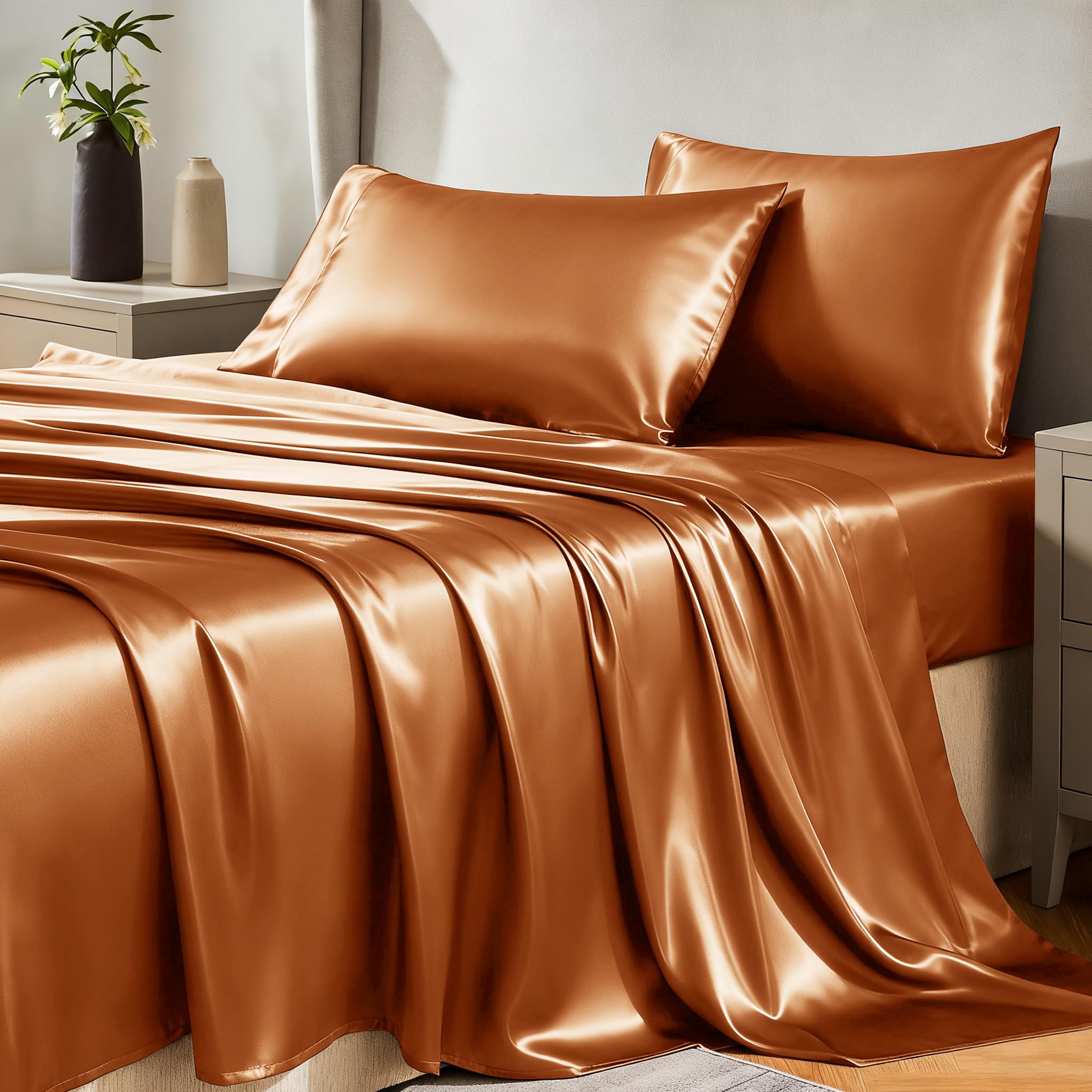 CozyLux Satin Sheets Twin Sheet Set - Silky Soft Bedding Similar to Silk, 3 Piece Sheets for Hair and Skin, Deep Pocket with All-Around Elastic, Home Decor for Bedroom, Black