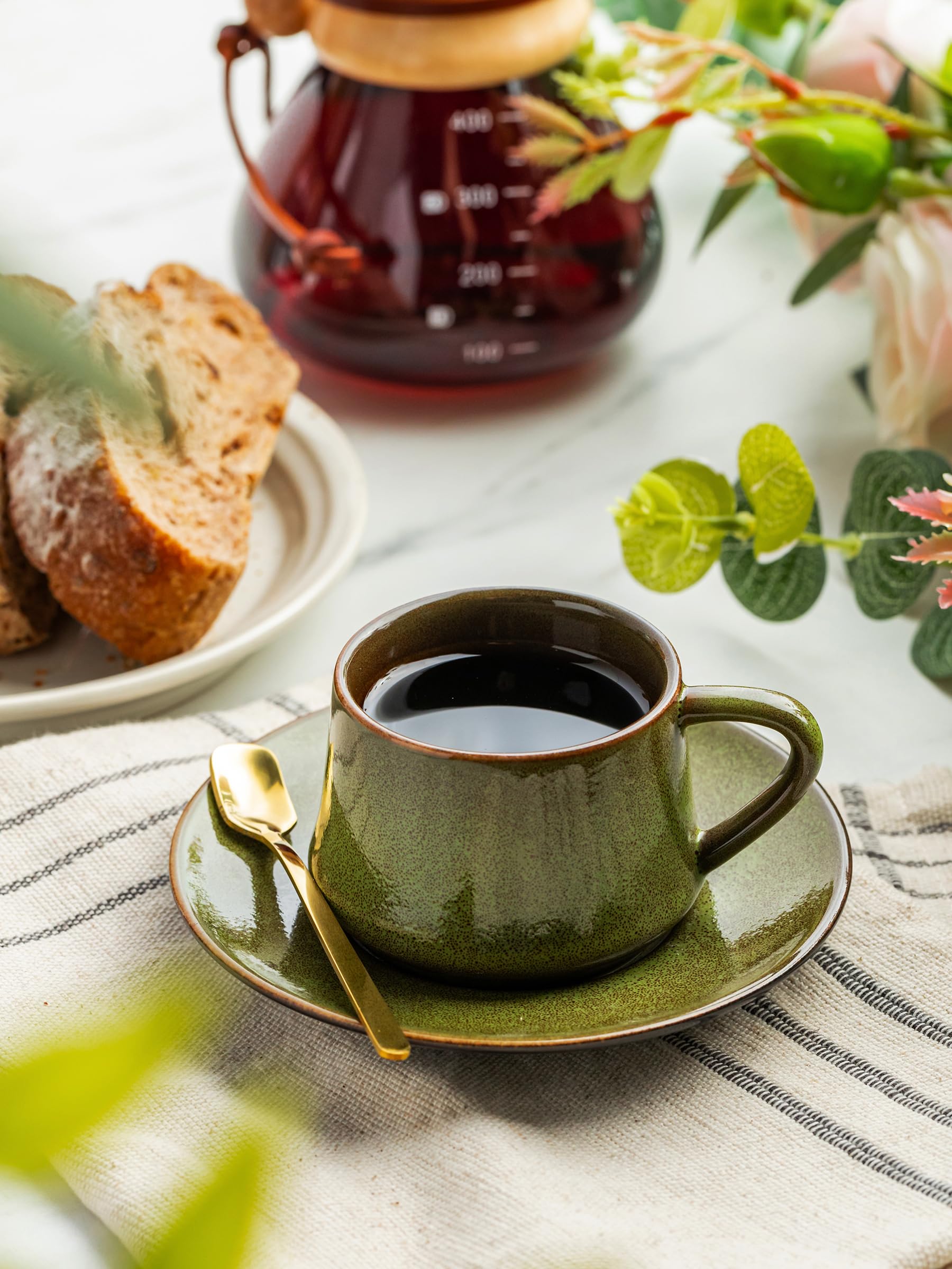 YHOSSEUN Ceramic Espresso Cups Set of 6, 4 OZ Expresso Shots Cup with Stand, Saucers & Spoons, Small Coffee Cup Demitasse Cups for Father's Day, Espresso Accessories for Machine, Black