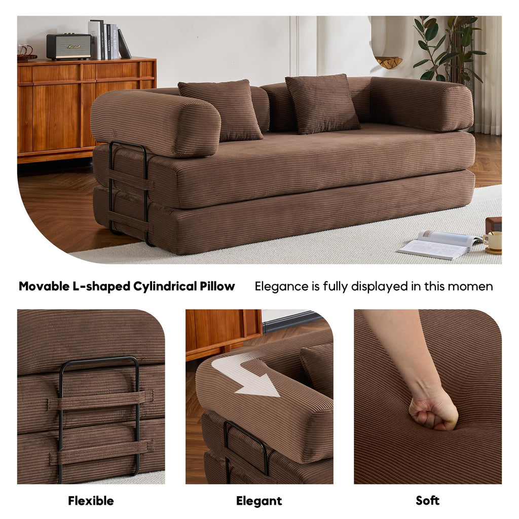 ZEIINPA 59“ Convertible Floor Sofa Bed, 5-in-1 Futon Sofa Bed Pull Out Sleeper Couch, Modern Corduroy Compressed Loveseat, Modular Boneless Couches for Living Room, No Assembly Required, Beige