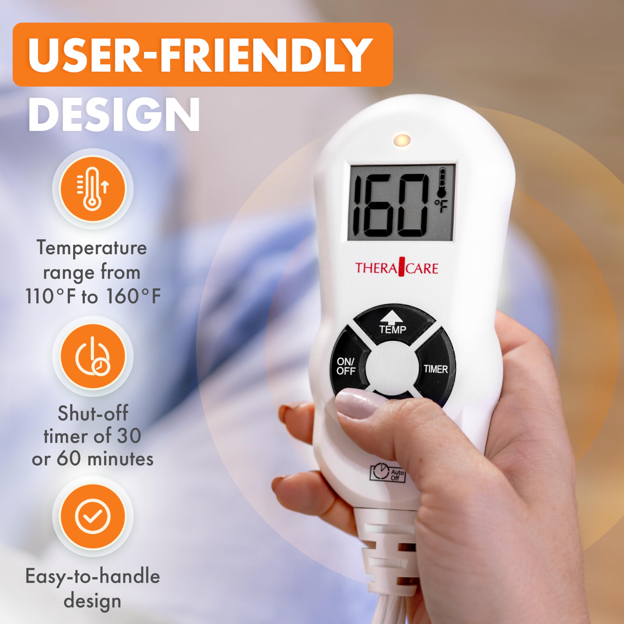 TheraCare Electric Heating Pad | Dry Heat Therapy | 4 Adjustable Heat Settings | 12" x 15" | Comfortable, Soft & Durable