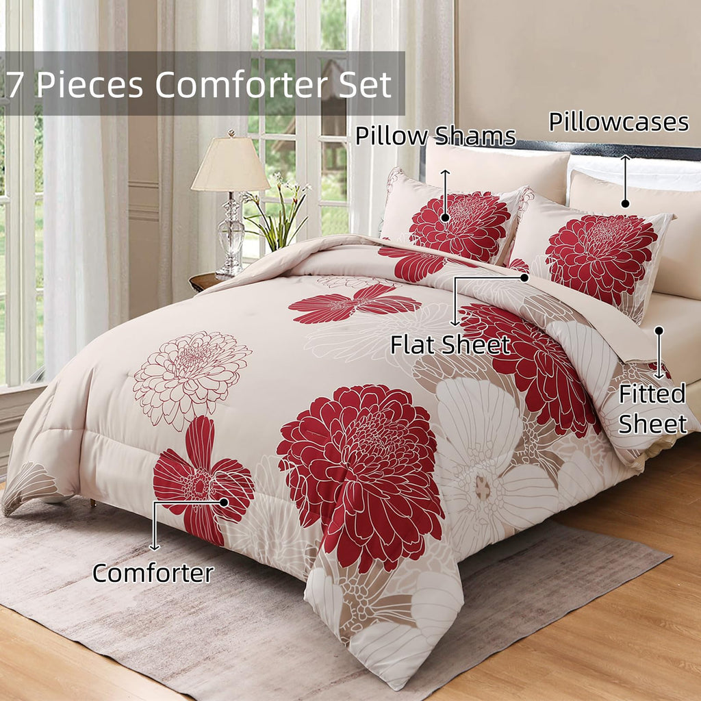 Yiran 7 Pieces Bed in a Bag Blue Floral Comforter Set Queen Size Flowers Comforter Set Soft Microfiber Bedding Set (1 Comforter 1 Flat Sheet 1 Fitted Sheet 2 Pillowshams 2 Pillowcases)