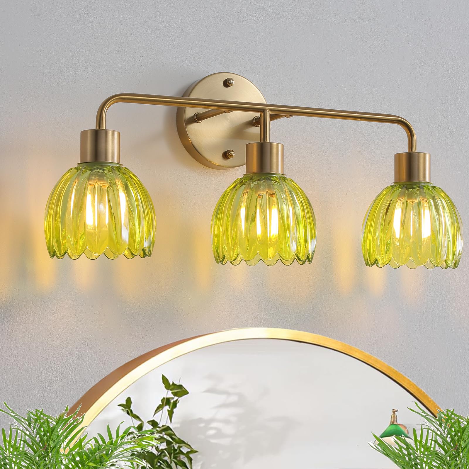 1-Light Gold Brass Bathroom Light Fixture,Wall Sconces set of 2,Brushed Gold Vanlity Light Over Mirror,Bathroom Vanity Light with White Tulip Glass Flower Shade,E26 Socket(Bulbs Not Included)