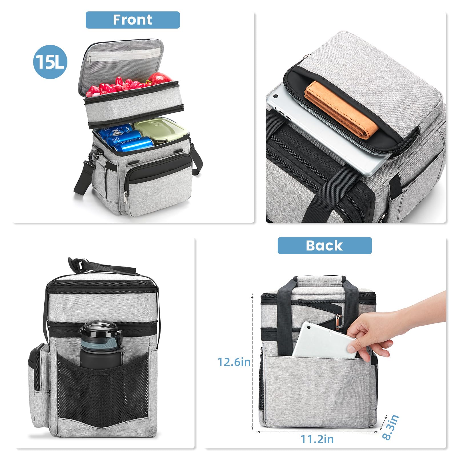 holuxer Insulated Lunch Bag & Lunch Box for Men - Double Deck Reusable Lunch Bag for Women Tote Cooler Bag Leakproof Soft Expandable - Large Lunchbox for Work/Adult/Picnic/Outdoor (Black，15L)