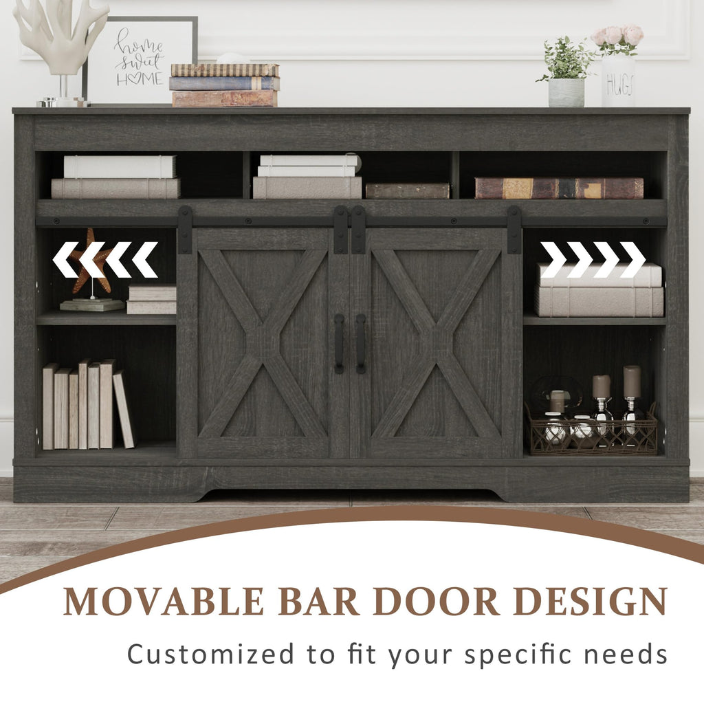 FansaFurn Farmhouse TV Stand for 65+ Inch TV, 34'' Tall Entertainment Center with Sliding Barn Doors, Rustic Wood Media Console Storage Cabinet Television Stand for Living Room, Bedroom (Black)