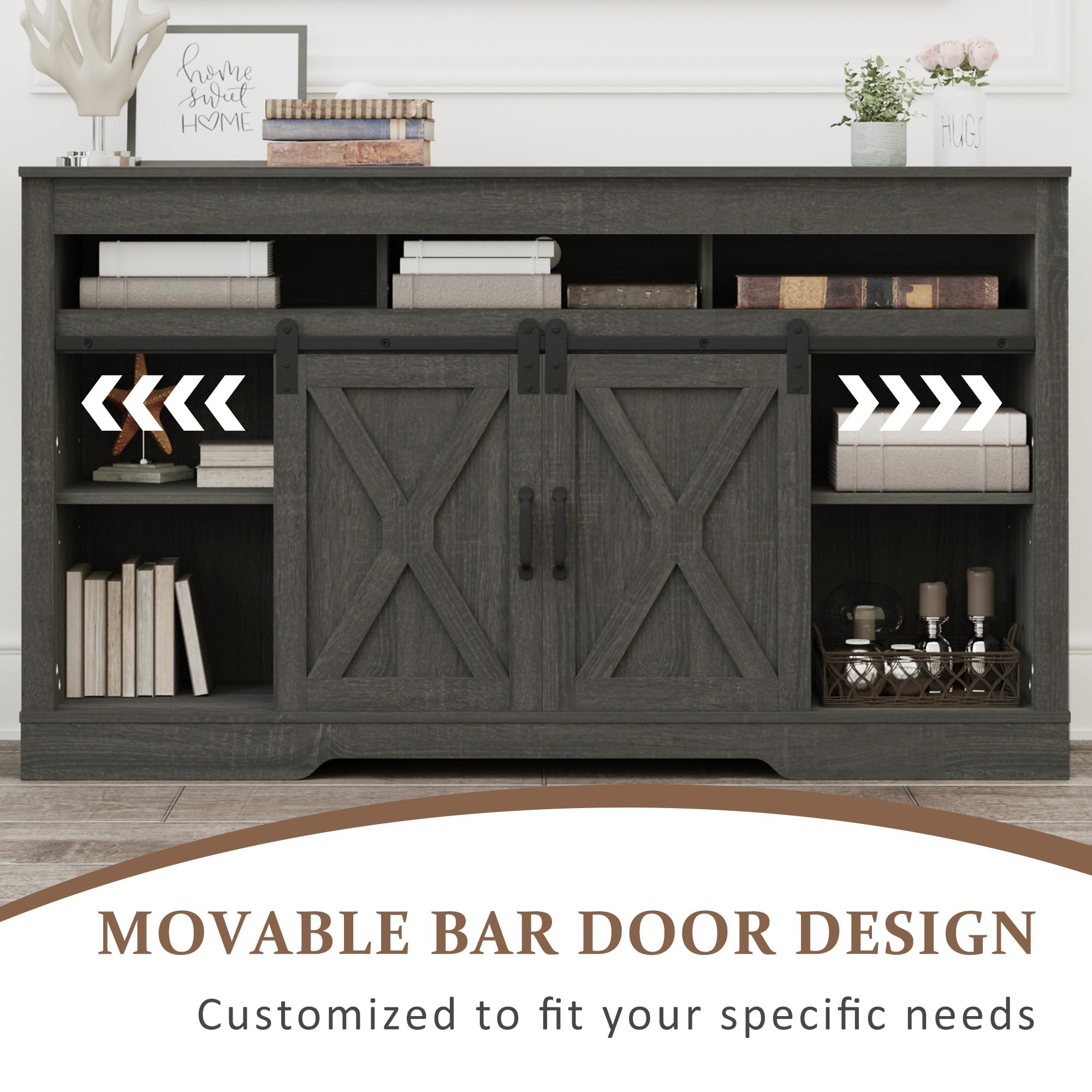 FansaFurn Farmhouse TV Stand for 65+ Inch TV, 34'' Tall Entertainment Center with Sliding Barn Doors, Rustic Wood Media Console Storage Cabinet Television Stand for Living Room, Bedroom (Black)