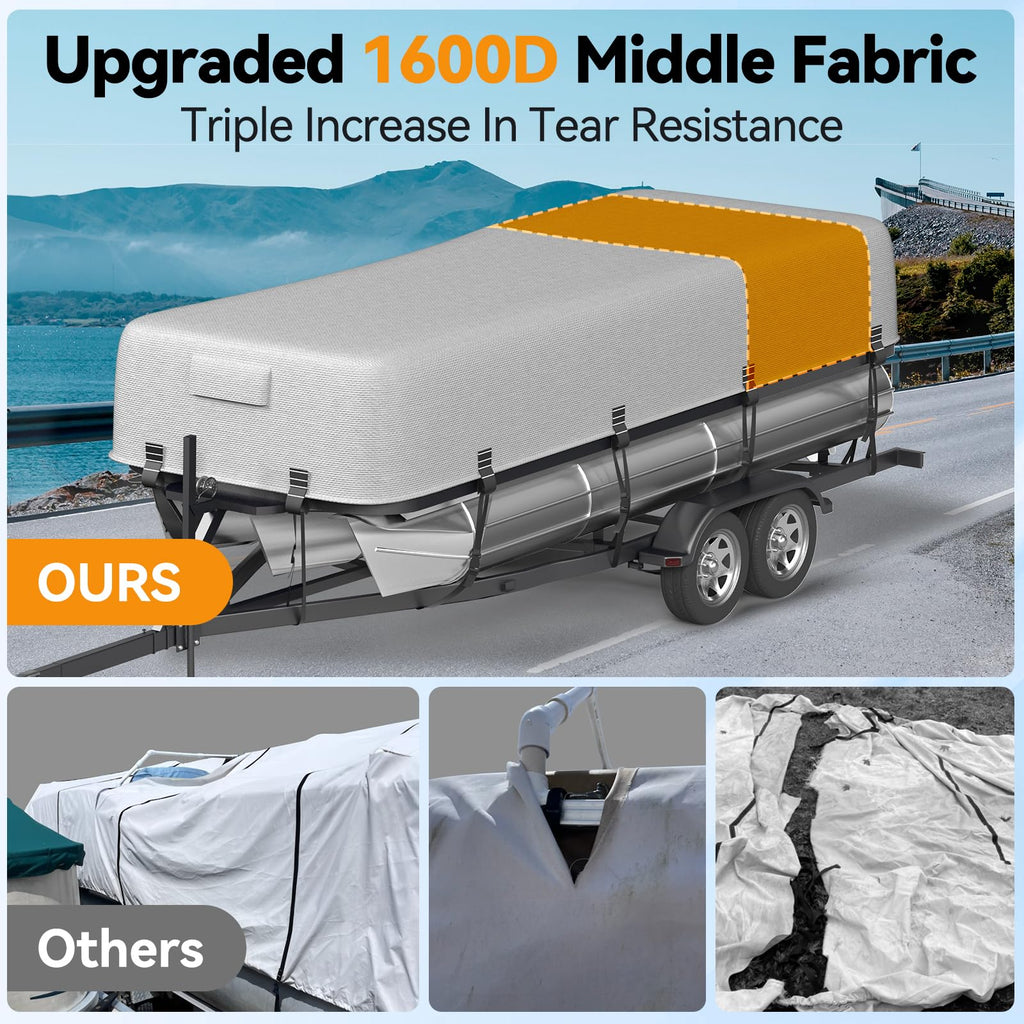 5-Ply 1600D+1200D Pontoon Boat Cover - Fully Waterproof & Ultra-Durable Tear-Resistant, with Large Storage Bag & Reinforced Windproof Straps (Fits 17'-20' Length,102" Width)