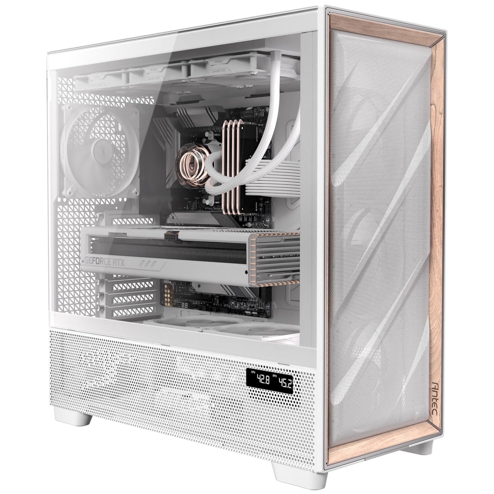Antec Flux Pro, 6 x PWM Fans Included, High-Airflow Front Panel with Walnut Wood, iShift PSU 90° Mount, USB3.0 x 2, Type-C, 420mm Radiator Support, Temp. Display, Full-Tower E-ATX PC Case