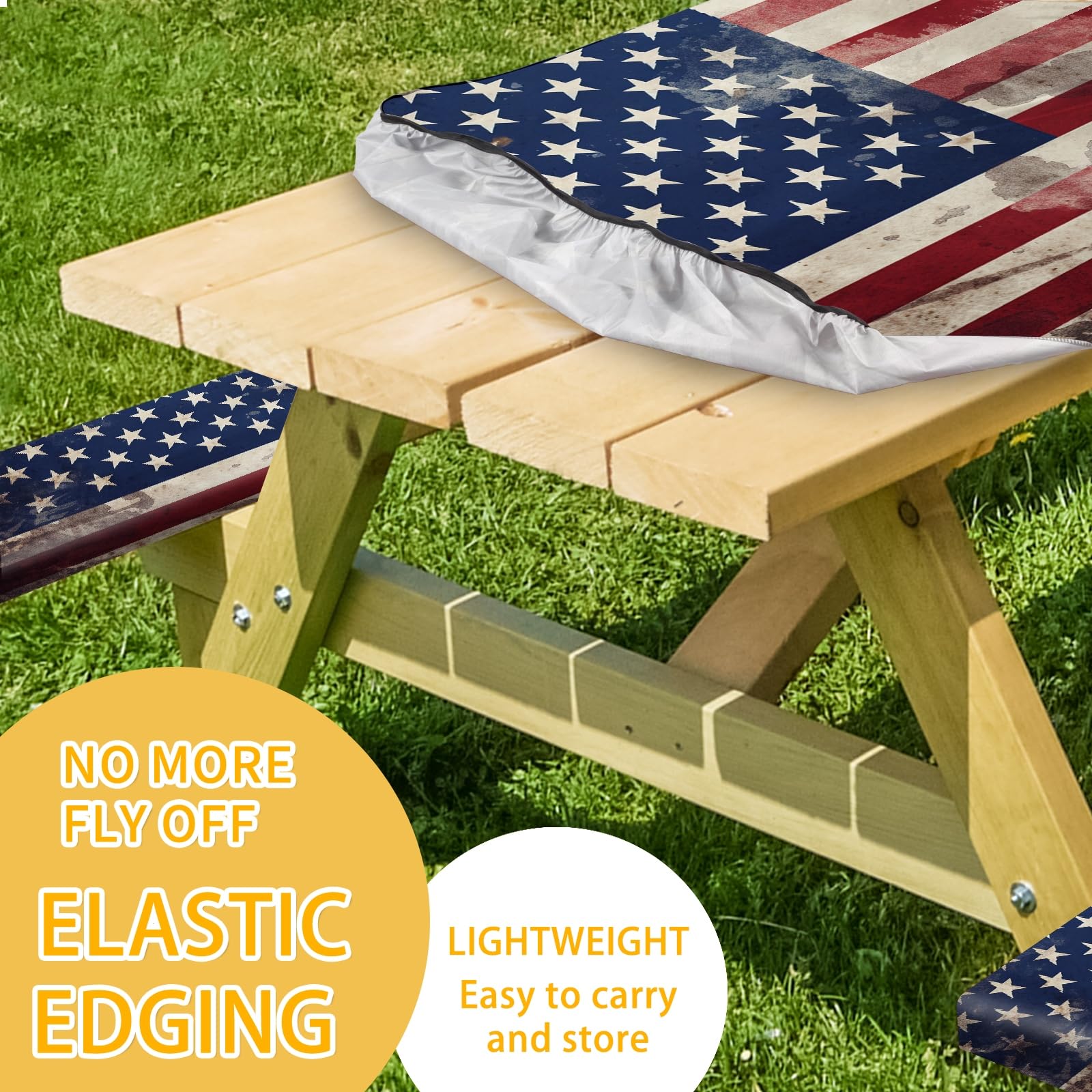 Park Picnic Table Cover with Bench Covers Lightweight Camping Essentials, Oil-Proof Waterproof 3PCS Tablecloth with Elastic, Fitted for Table 6FT Rectangle and Seats, American Flag Eagle (72x30in)