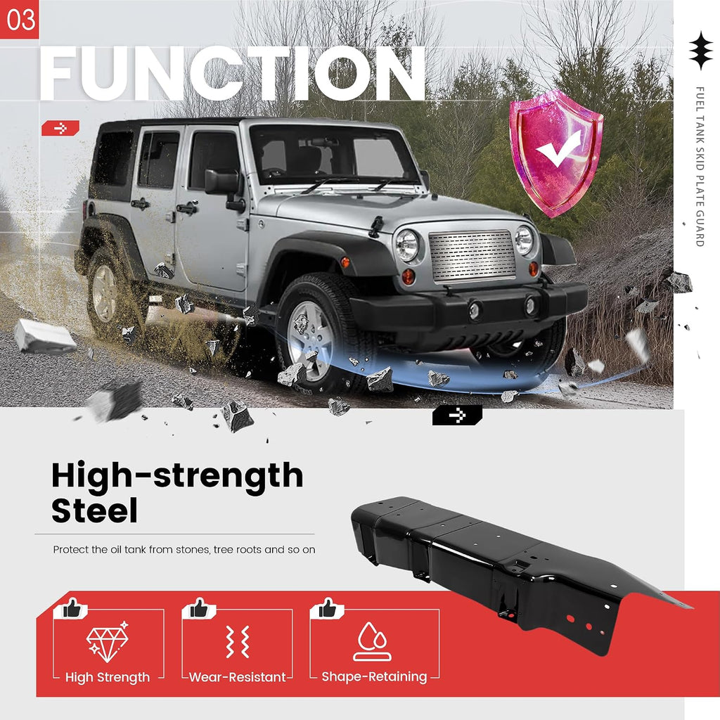 Fuel Tank Skid Plate Guard Compatible with 2007-2018 Jeep Wrangler 4 Door Powder Coated Heavy Duty Steel 52059747AD 52059747AE 52059747AF 52059747AG