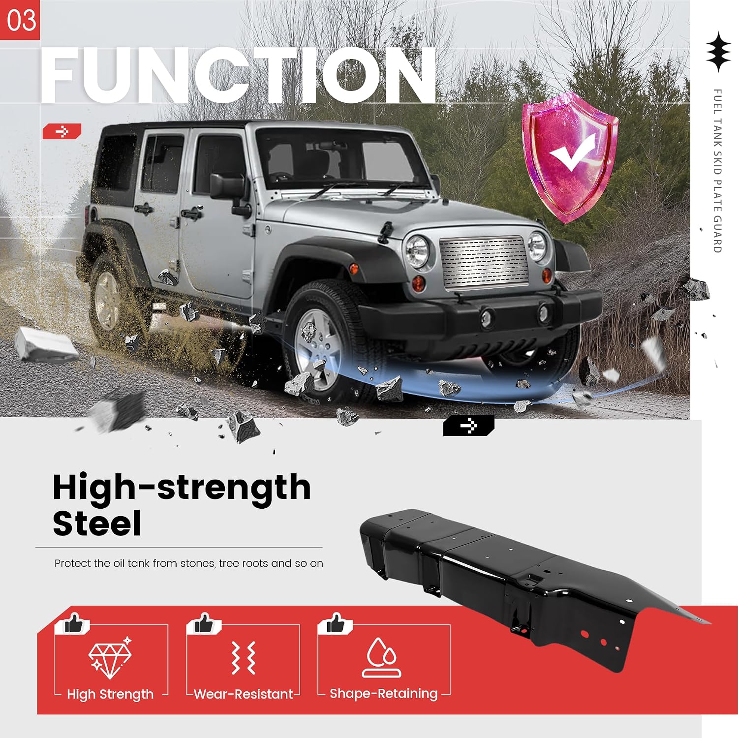 Fuel Tank Skid Plate Guard Compatible with 2007-2018 Jeep Wrangler 4 Door Powder Coated Heavy Duty Steel 52059747AD 52059747AE 52059747AF 52059747AG