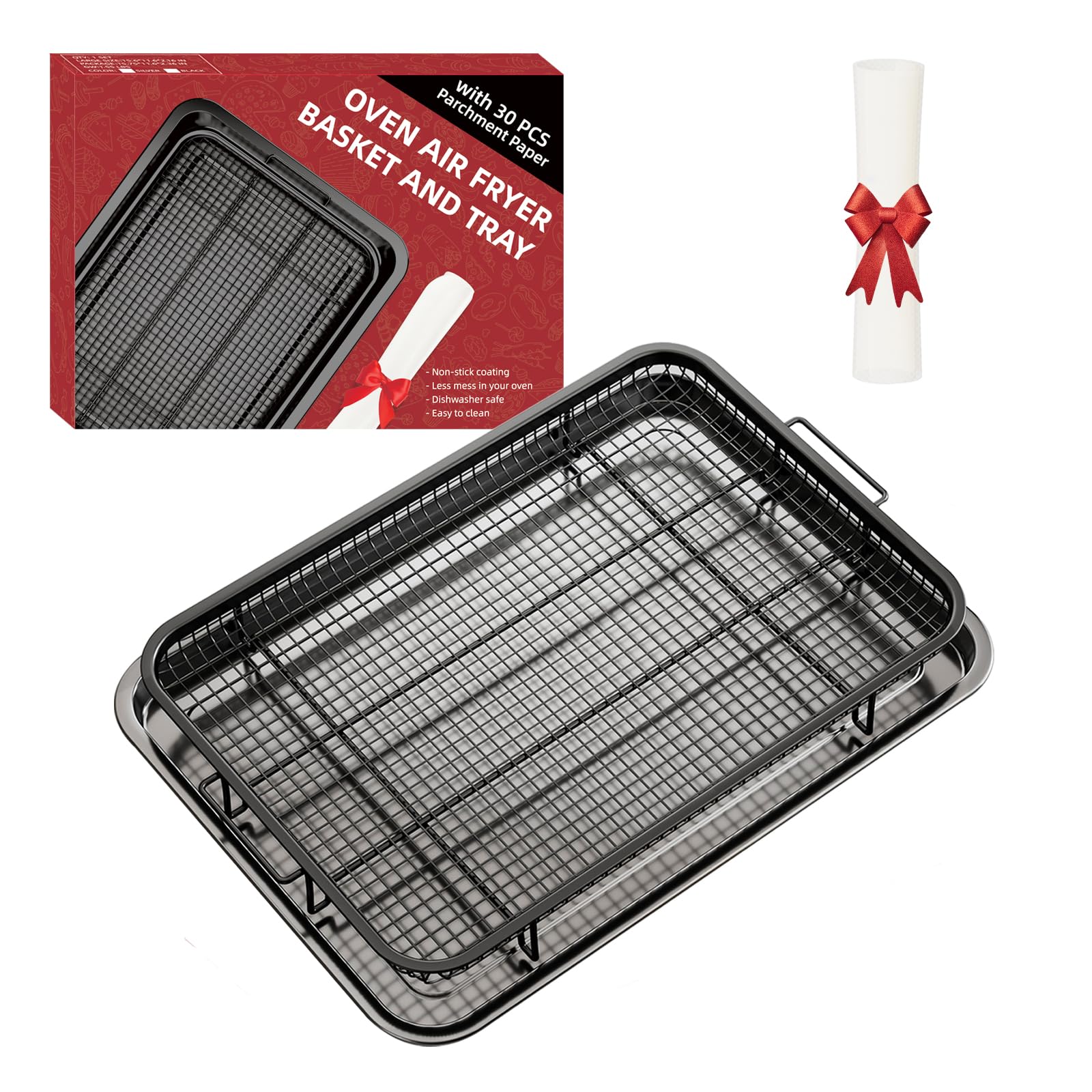 Air Fryer Basket for Oven, Large14.88"×10.98"Air Fryer Pans for Convection Oven with 30 Sheet Parchment Papers, THORSES Non-Stick Stainless Steel Air Fryer Basket and Tray for Multi Cooking - Black