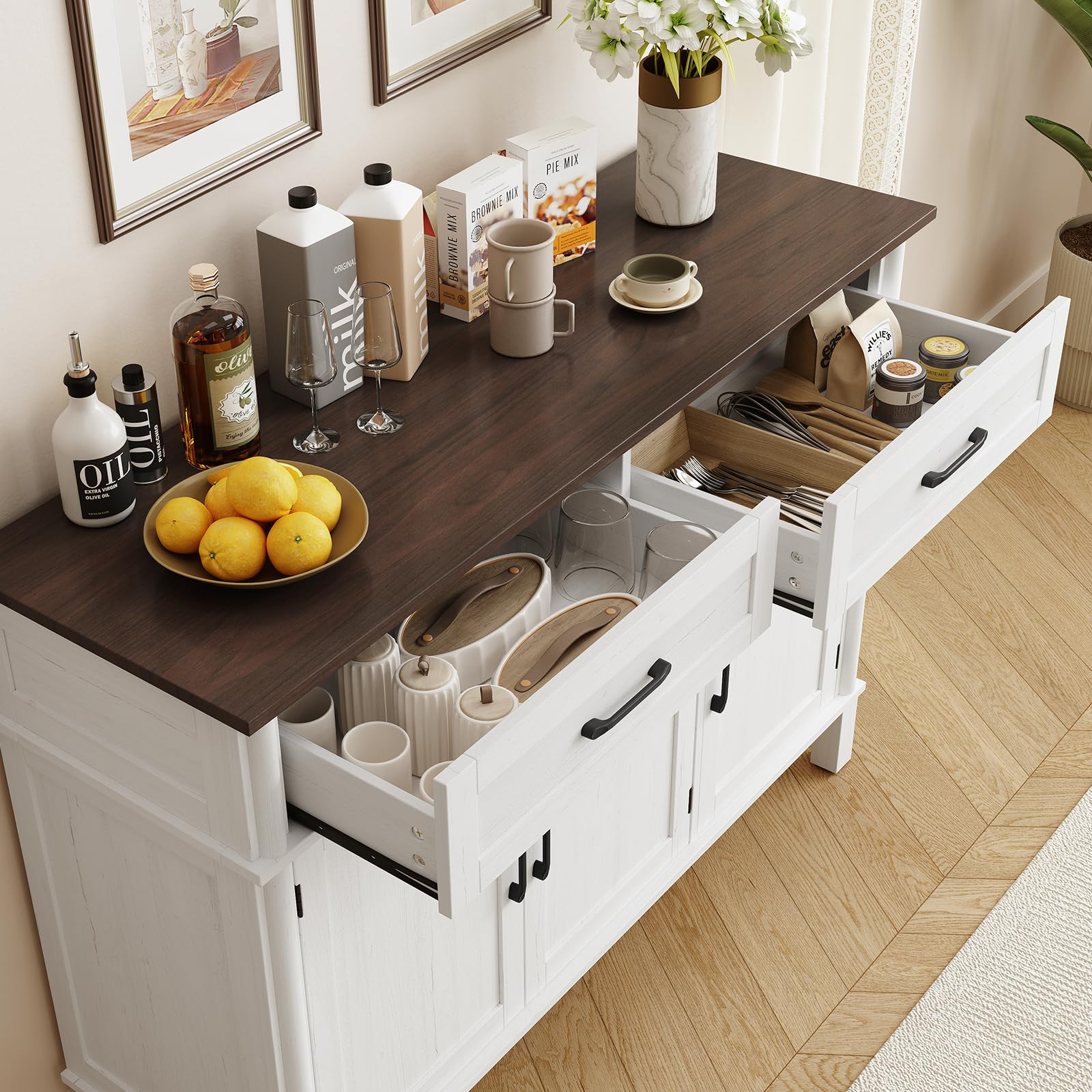 ONBRILL 48 Inches Buffet Cabinet with Storage, Farmhouse Sideboard Buffet w/2 Drawers and 3 Doors, Wood Coffee Bar Cabinet with Adjustable Shelves, Sideboard Storage for Kitchen, Living Room, Black