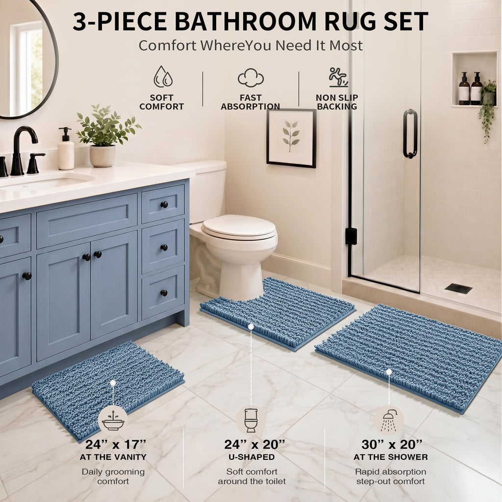Yimobra Black Bathroom Rug Set 3 Piece - Super Absorbent Quick Dry Chenille Bath Mats & Toilet Rug, Non Slip Machine Washable, Extra Thick Shaggy Floor Mat for Shower Tub Sink