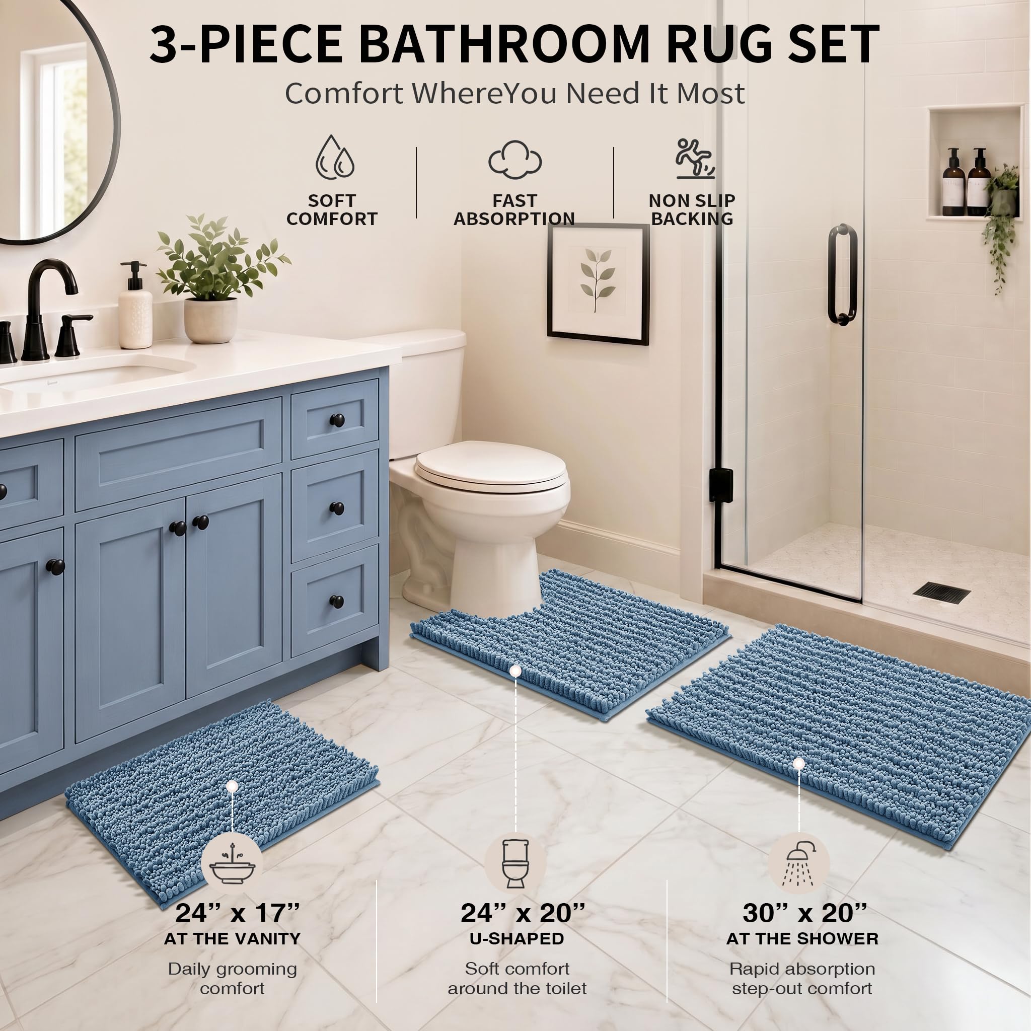 Yimobra Black Bathroom Rug Set 3 Piece - Super Absorbent Quick Dry Chenille Bath Mats & Toilet Rug, Non Slip Machine Washable, Extra Thick Shaggy Floor Mat for Shower Tub Sink