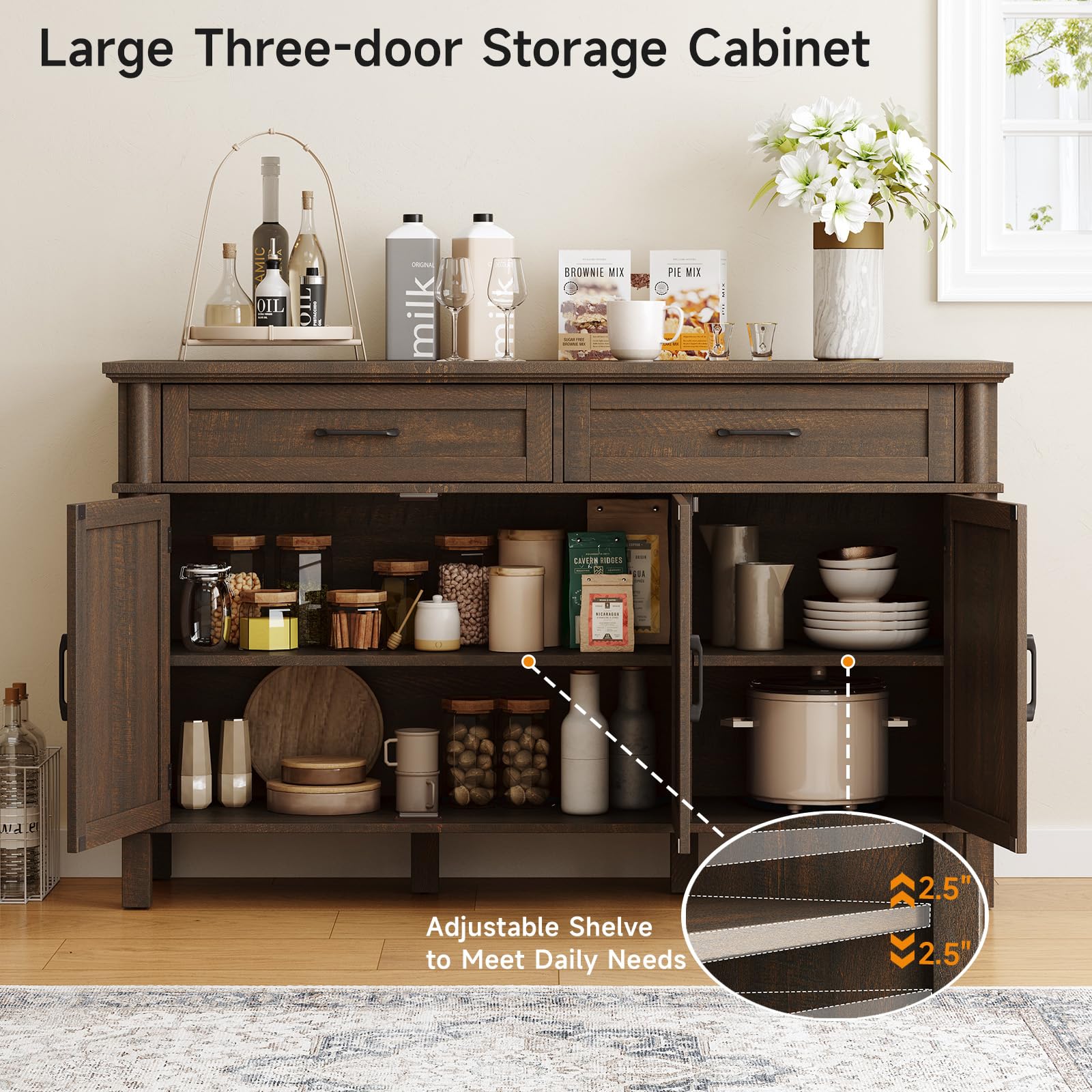 ONBRILL 48 Inches Buffet Cabinet with Storage, Farmhouse Sideboard Buffet w/2 Drawers and 3 Doors, Wood Coffee Bar Cabinet with Adjustable Shelves, Sideboard Storage for Kitchen, Living Room, Black