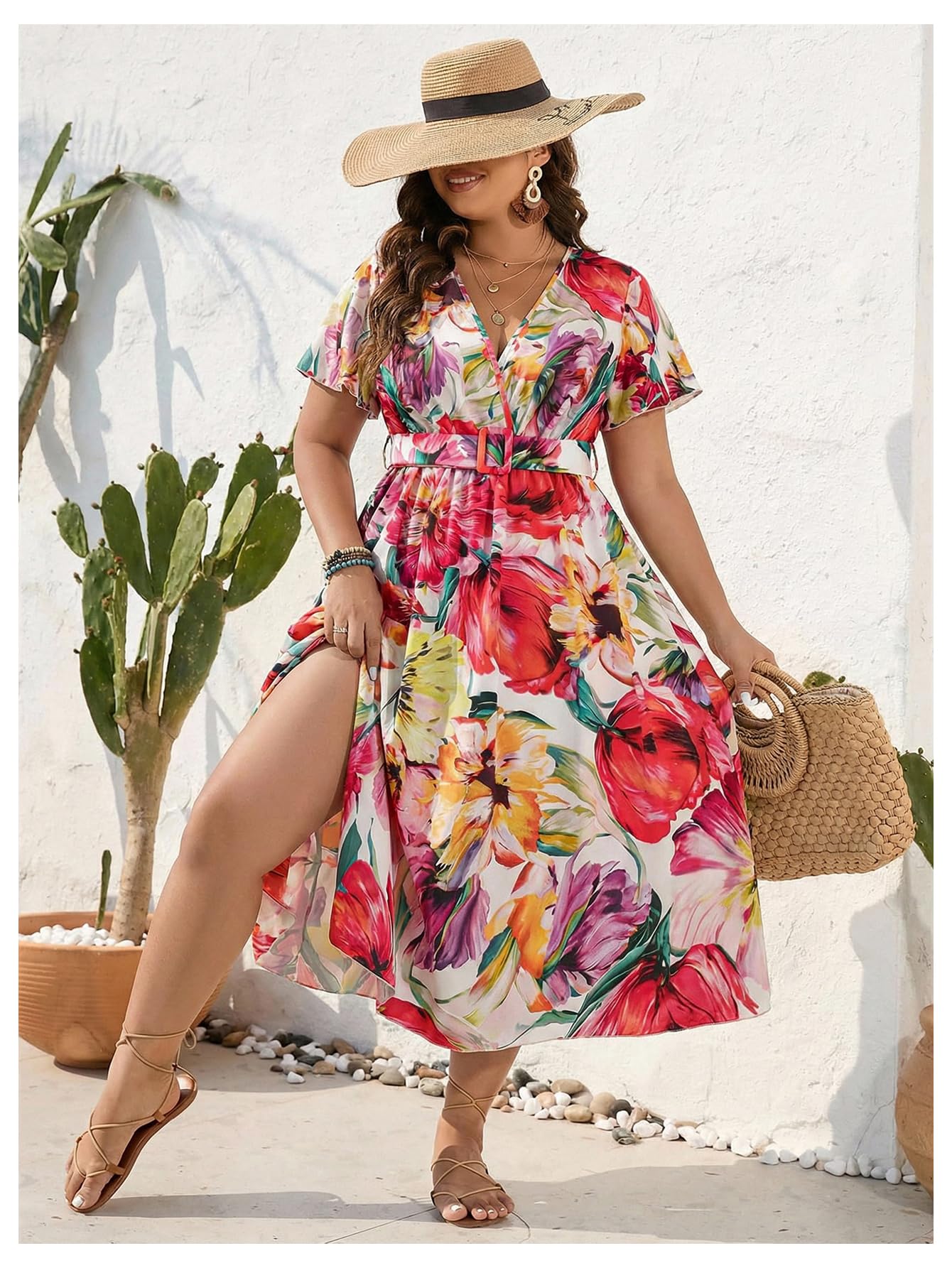 Floerns Women's Plus Size Boho Hawaiian Tropical Dresses V Neck Short Sleeve Floral A Line Long Dress Vacation Beach Outfits
