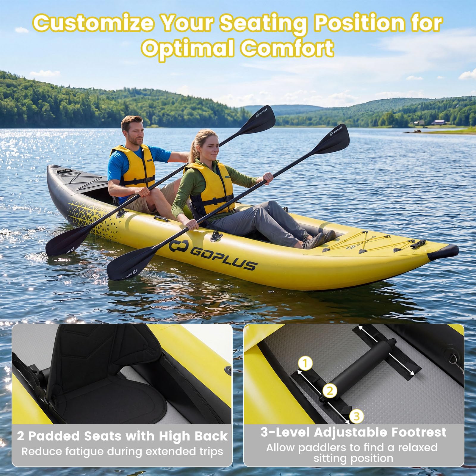 Goplus Tandem Inflatable Kayak, 12.5FT 2-Person Kayak for Adults w/507 LBS Weight Capacity, 2 Aluminium Oars, Padded Seat, 2 Fins, Hand Pump, Carry Bag, Repair Kit, Portable Touring Kayaks