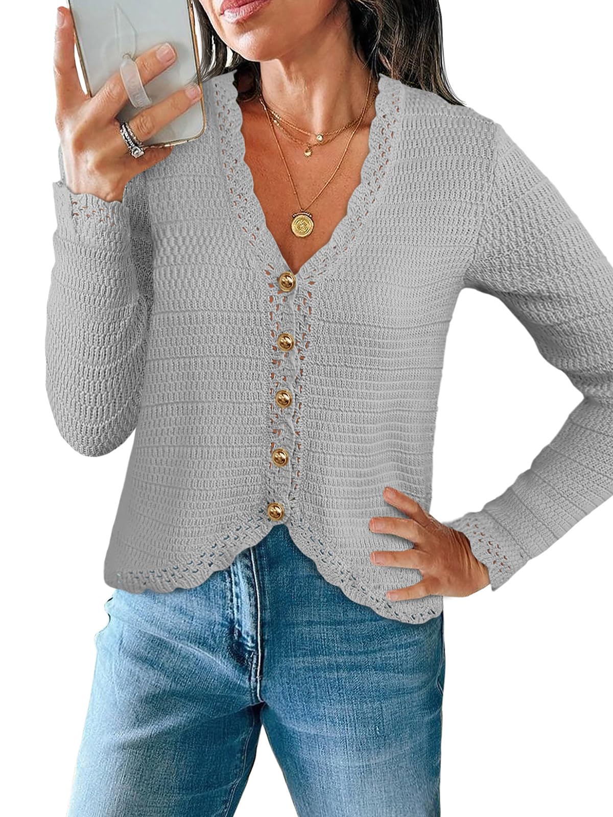 Saodimallsu Womens V Neck Cardigan Sweaters Button Up Cropped Boho Knit Long Sleeve Loose Trendy Sweater Tops