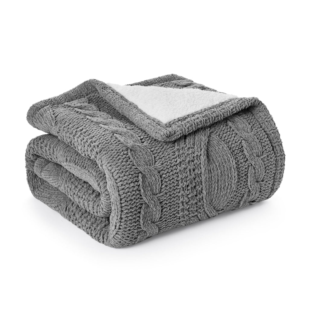 Amélie Home Cable Knit Throw Blanket for Couch, Chenille Sherpa Soft Cozy Throw Blankets for Sofa Chair Comfortable Home, 50"x60", Gray
