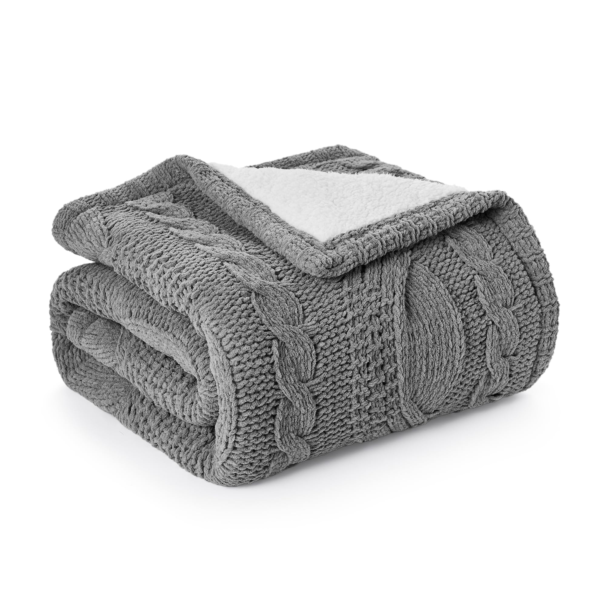 Amélie Home Cable Knit Throw Blanket for Couch, Chenille Sherpa Soft Cozy Throw Blankets for Sofa Chair Comfortable Home, 50"x60", Gray