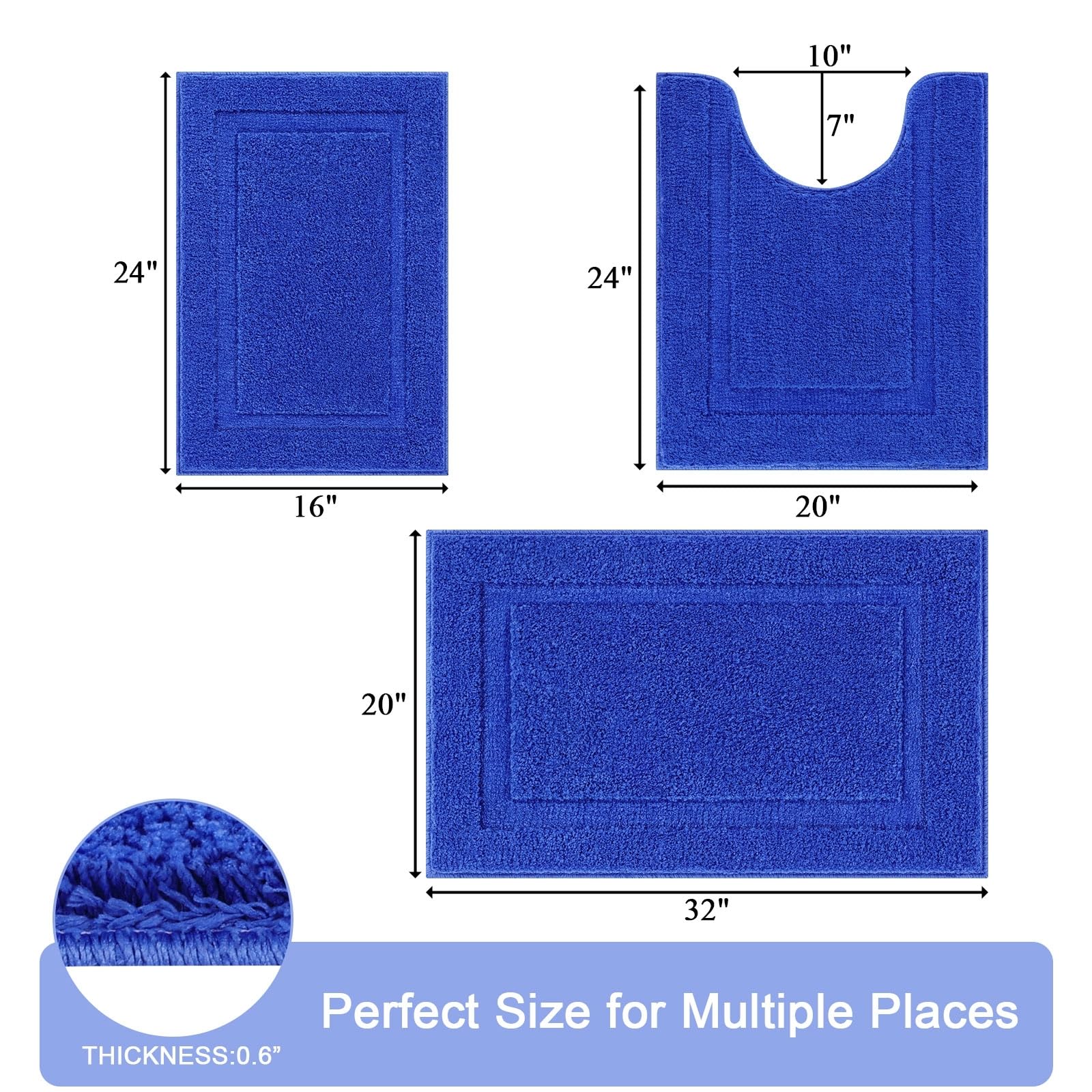 SHACOS Black Bathroom Rugs Sets 3 Piece, 16"x24" + 20"x32" Non Slip Bath Mat and 20"x24" Toilet Rugs U Shaped Washable, Soft Fluffy Water Absorbent Bath Rugs for Bathroom