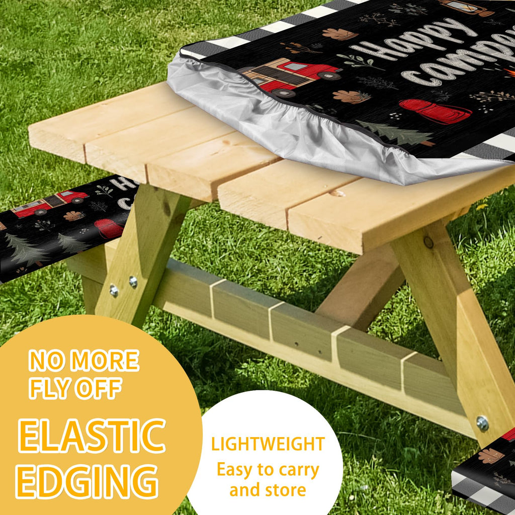 Park Picnic Table Cover with Bench Covers Lightweight Camping Essentials, Oil-Proof Waterproof 3PCS Tablecloth with Elastic, Fitted for Table 6FT Rectangle and Seats, American Flag Eagle (72x30in)