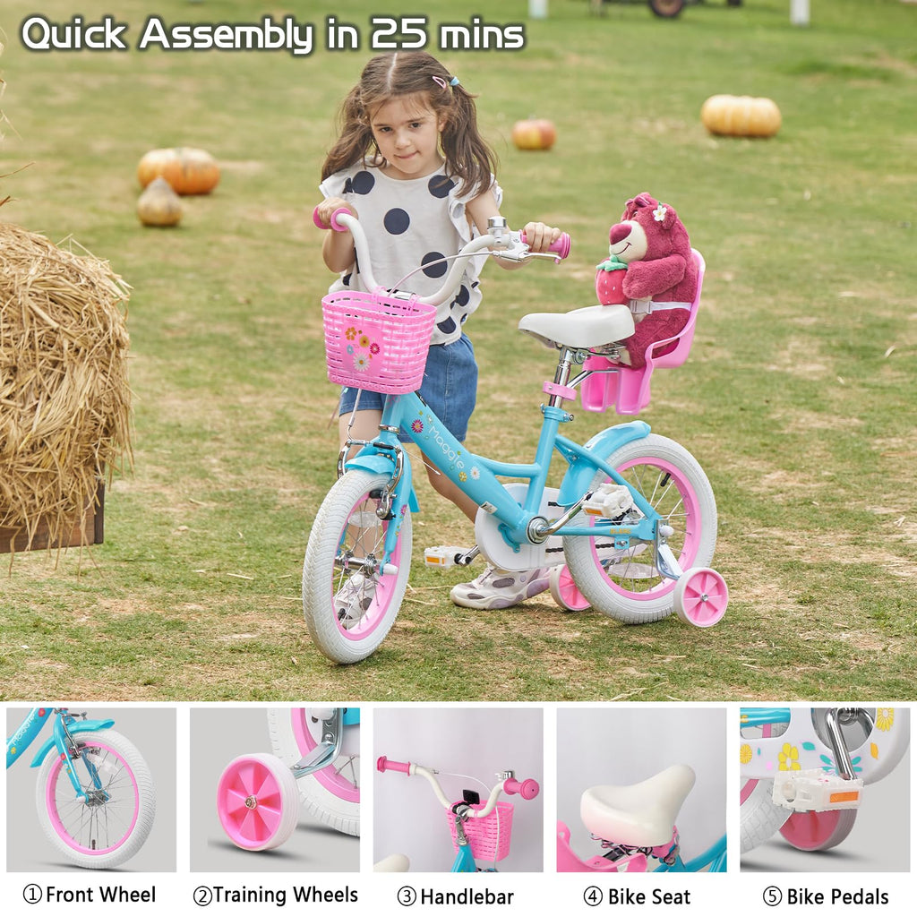 Glerc Maggie Girls Bike, 12-20 Inch Kids Bike for 2-13 Years Old Children, Princess Style Kids Bicycle with Doll-Seat & Basket & Training Wheels, Multiple Colors