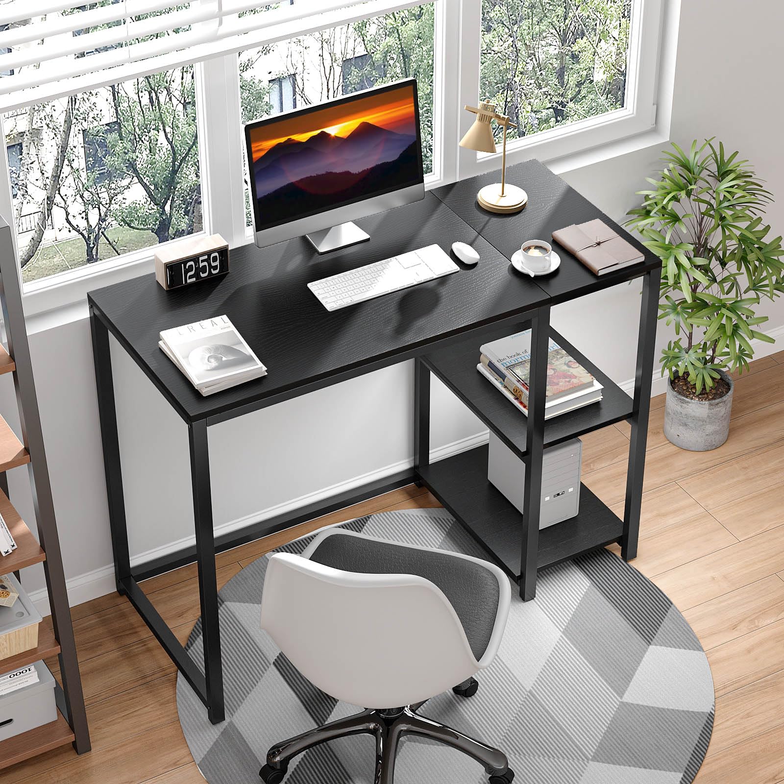 SINPAID 40 Inch Small Gaming Desk with Shelves for Small Spaces, Easy Assembly Study Desk, Sturdy Writing Desk for Bedroom & Home Office, Black