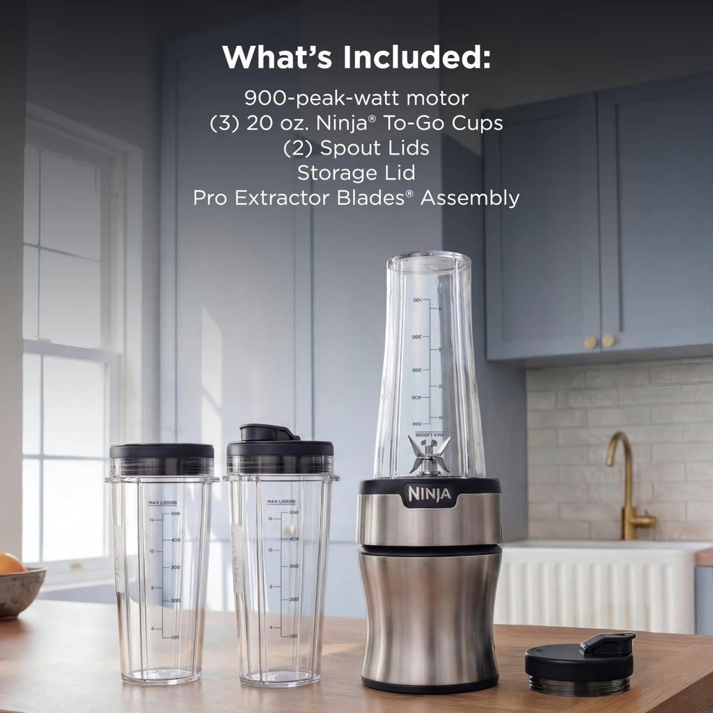Ninja Nutri-Plus Personal Blender | Compact Push to Blend | Make Frozen Drinks, Smoothies, Sauces & More | With (3) 20 oz. To-Go Cups, (2) Spout-Lids & (1) Storage-Lid | 900 Peak Watt | Silver | BN301