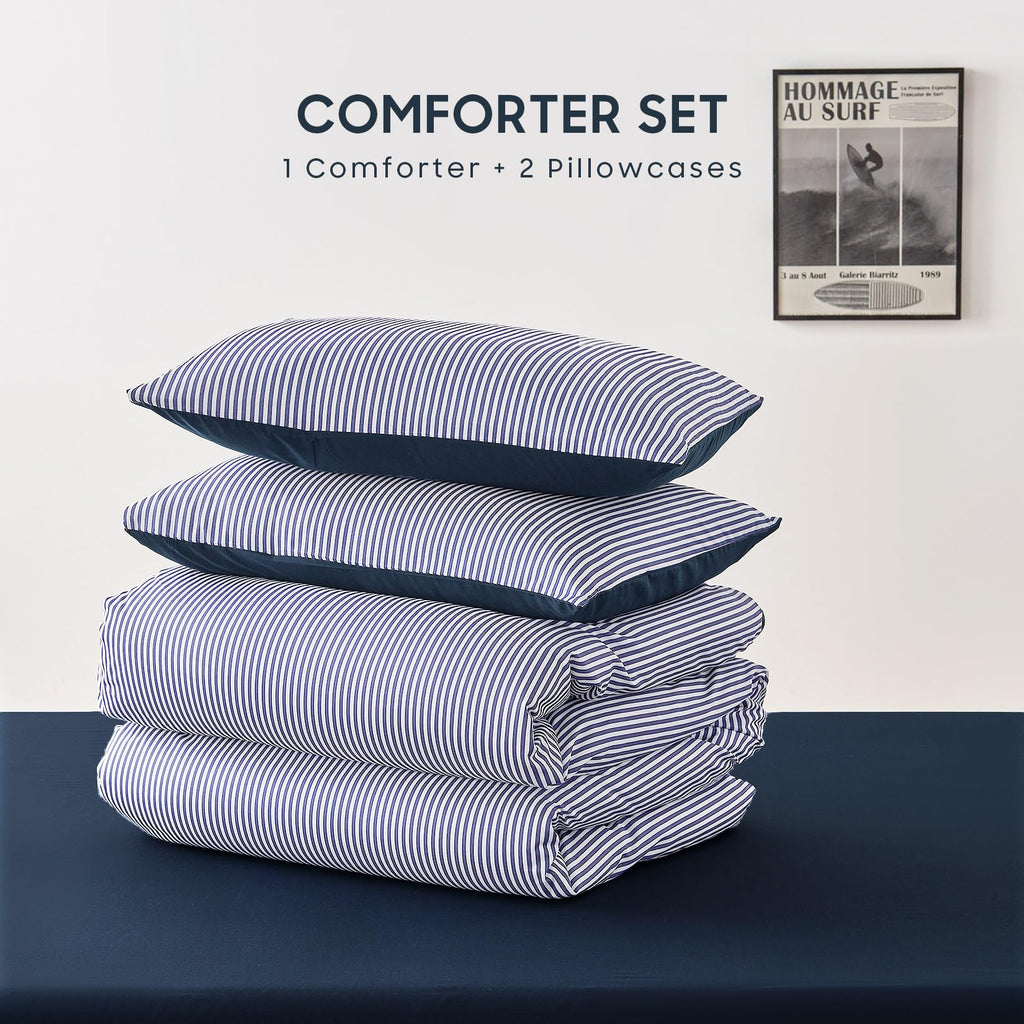Wake In Cloud - Striped Comforter Set, Ticking Stripe Vertical Pinstripe Neutral Farmhouse Pattern Printed, Soft Lightweight Bedding, 3 Pieces, Blue White, Twin/Twin XL Size