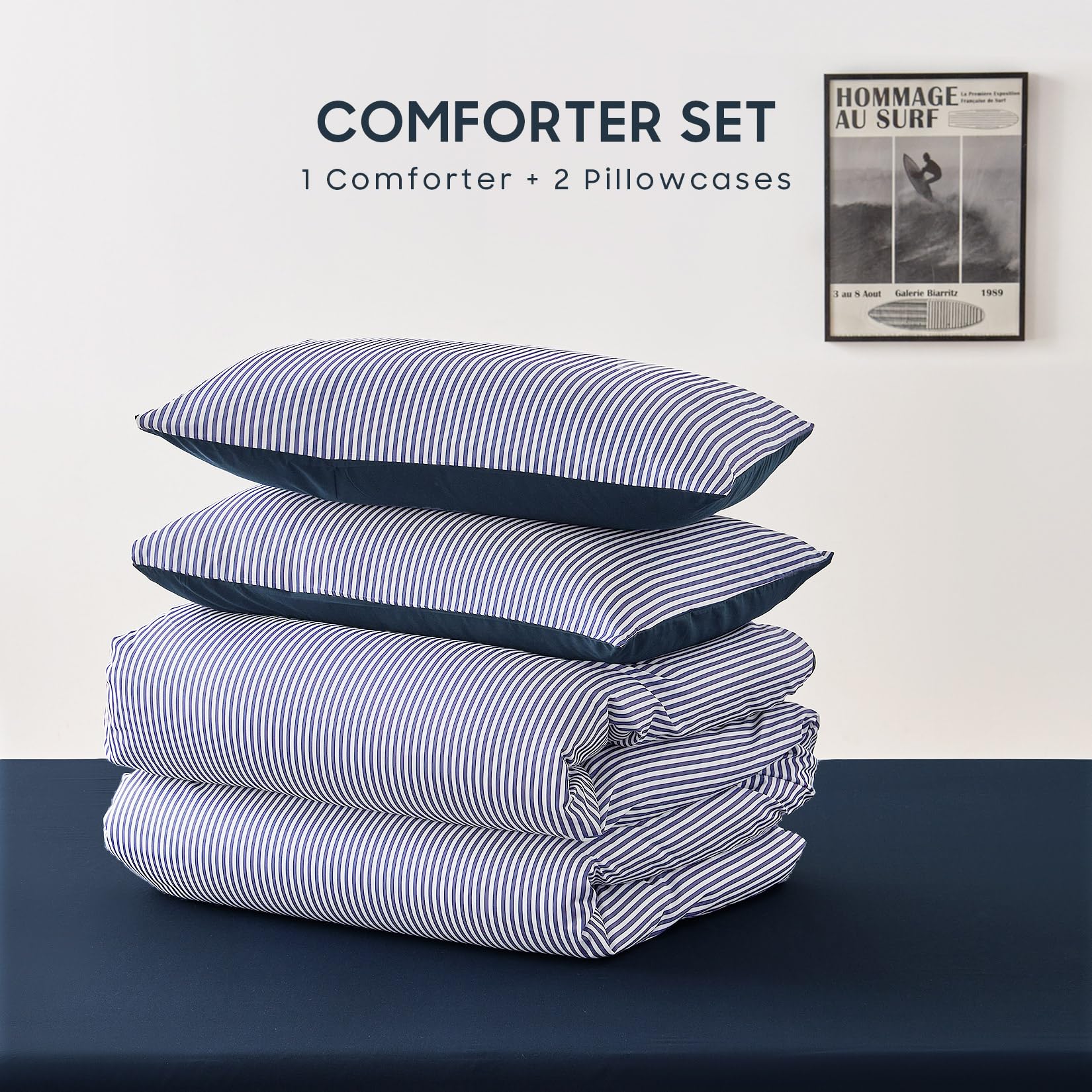 Wake In Cloud - Striped Comforter Set, Ticking Stripe Vertical Pinstripe Neutral Farmhouse Pattern Printed, Soft Lightweight Bedding, 3 Pieces, Blue White, Twin/Twin XL Size