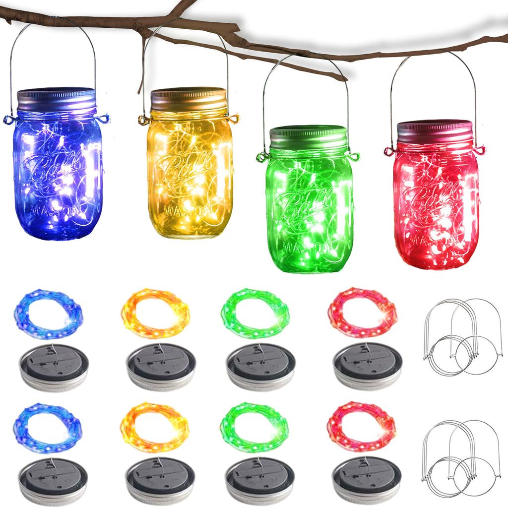 SunKite Solar Mason Jar Lights [Updated], 8 Pack 20 LED Waterproof Fairy Firefly Jar Lids String Lights with Hangers(NO Jars), Patio Yard Garden Wedding Decoration - Colorful