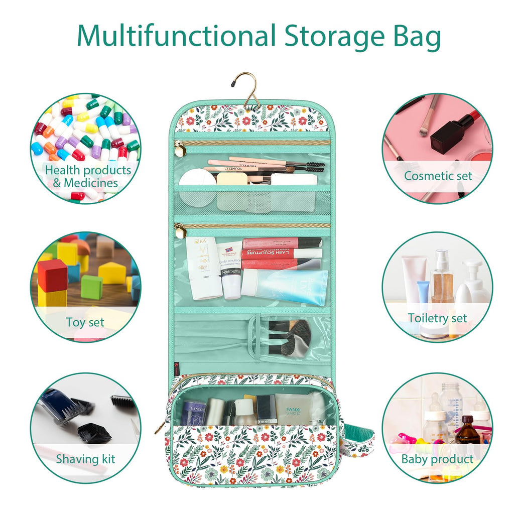 FINTIE Portable Toiletry Cosmetic Travel Bag, Large Water Resistant Hanging Makeup Organizer Storage Pouch Case for Women Girls (Blooming Hibiscus)
