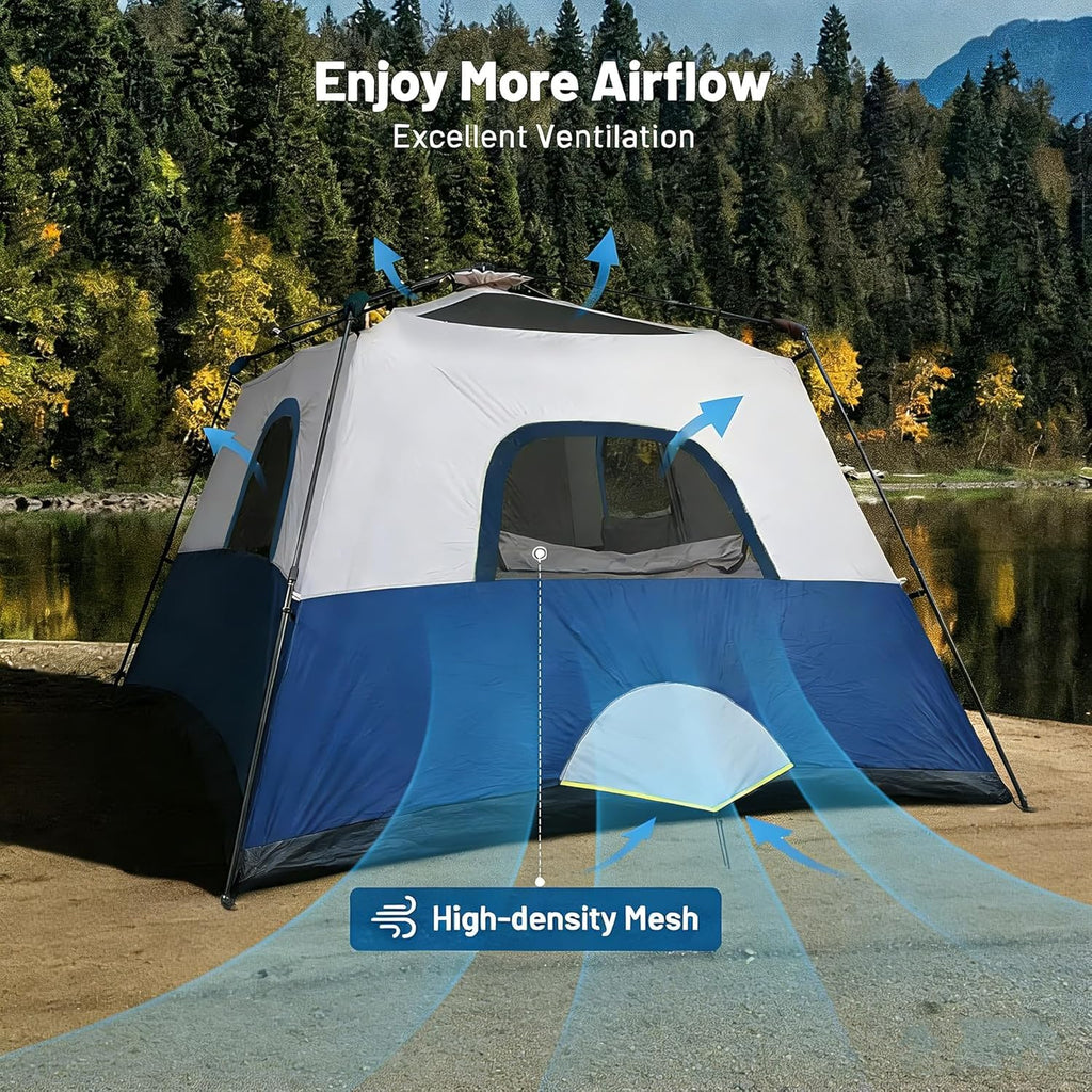 3/4 Person Camping Tent with 1 Door, 4 Windows, and Upgraded Ventilation– Instant Setup, Waterproof, 8'x 8'x 67''Oxford Fabric Floor Pop Up in 60 Seconds Includes Rainfly and Backpack
