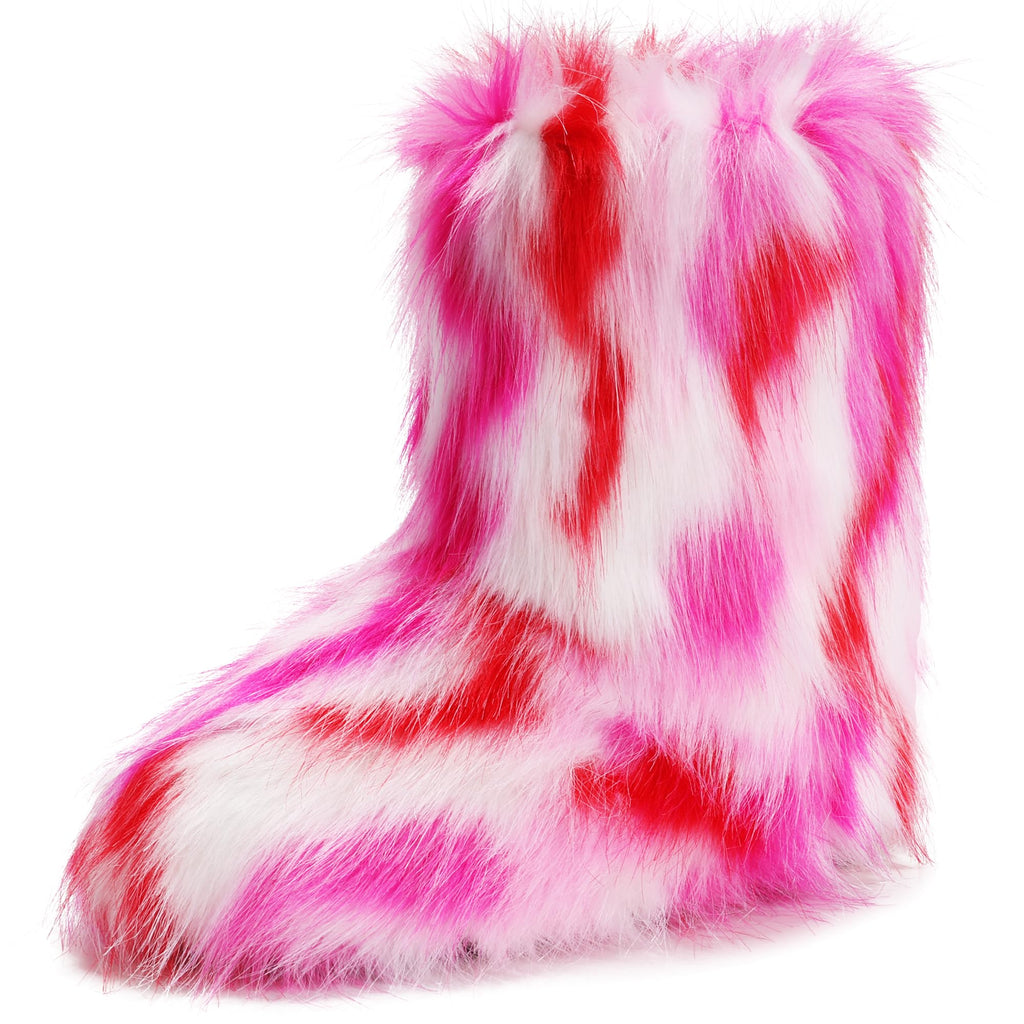 IXU Women's Faux Fur Boot Furry Fluffy Round Toe Suede Snow Winter Women Boots Comfy Plush Warm Short Outdoor Indoor Flat Shoes Mid-Calf Boots
