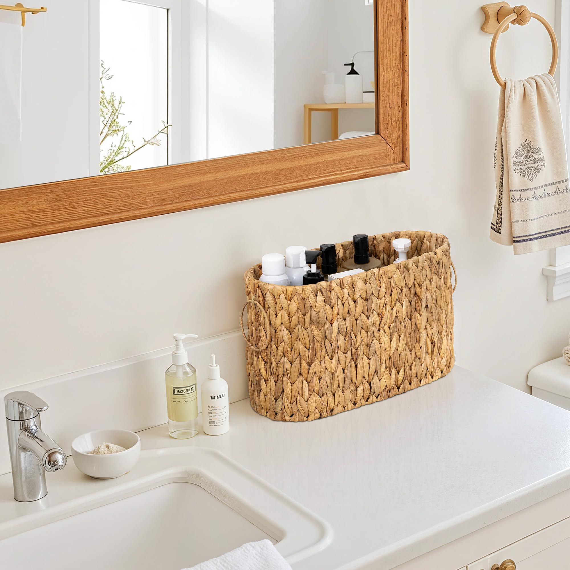 StorageWorks Bathroom Toilet Paper Storage Holder with Lid, Wicker Toilet Paper Basket for 6 Regular Rolls, Slim Basket Organizer with Handles, Water Hyacinth Storage Baskets for Bathroom, Brown